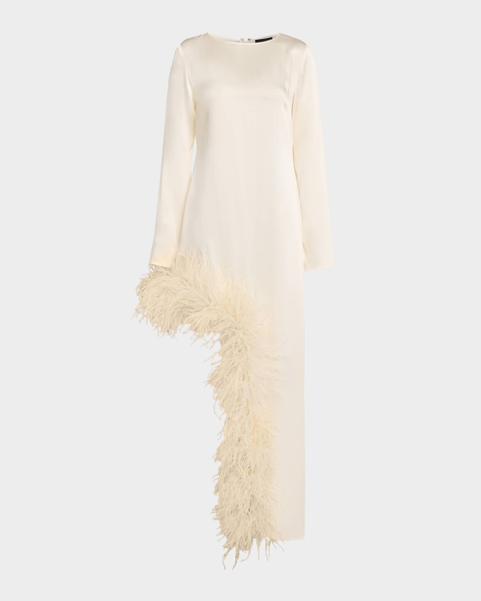 Lapointe Feather-Trim Asymmetric Long-Sleeve Satin Dress, Cream, Women's, 2, Cocktail & Party Wedding Guest Dresses Satin & Silk Dresses