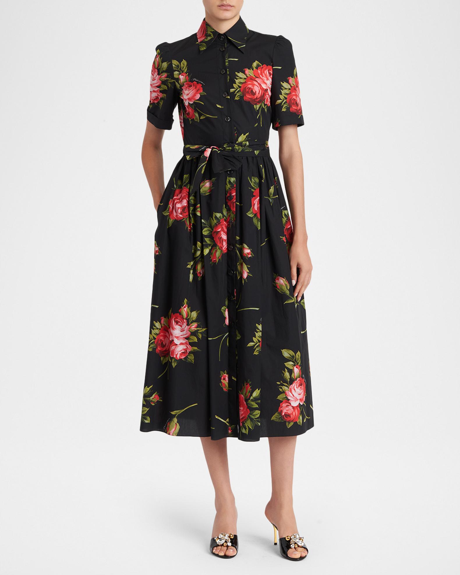 Dolce&Gabbana Floral Poplin Short-Sleeve Belted Midi Shirtdress 
