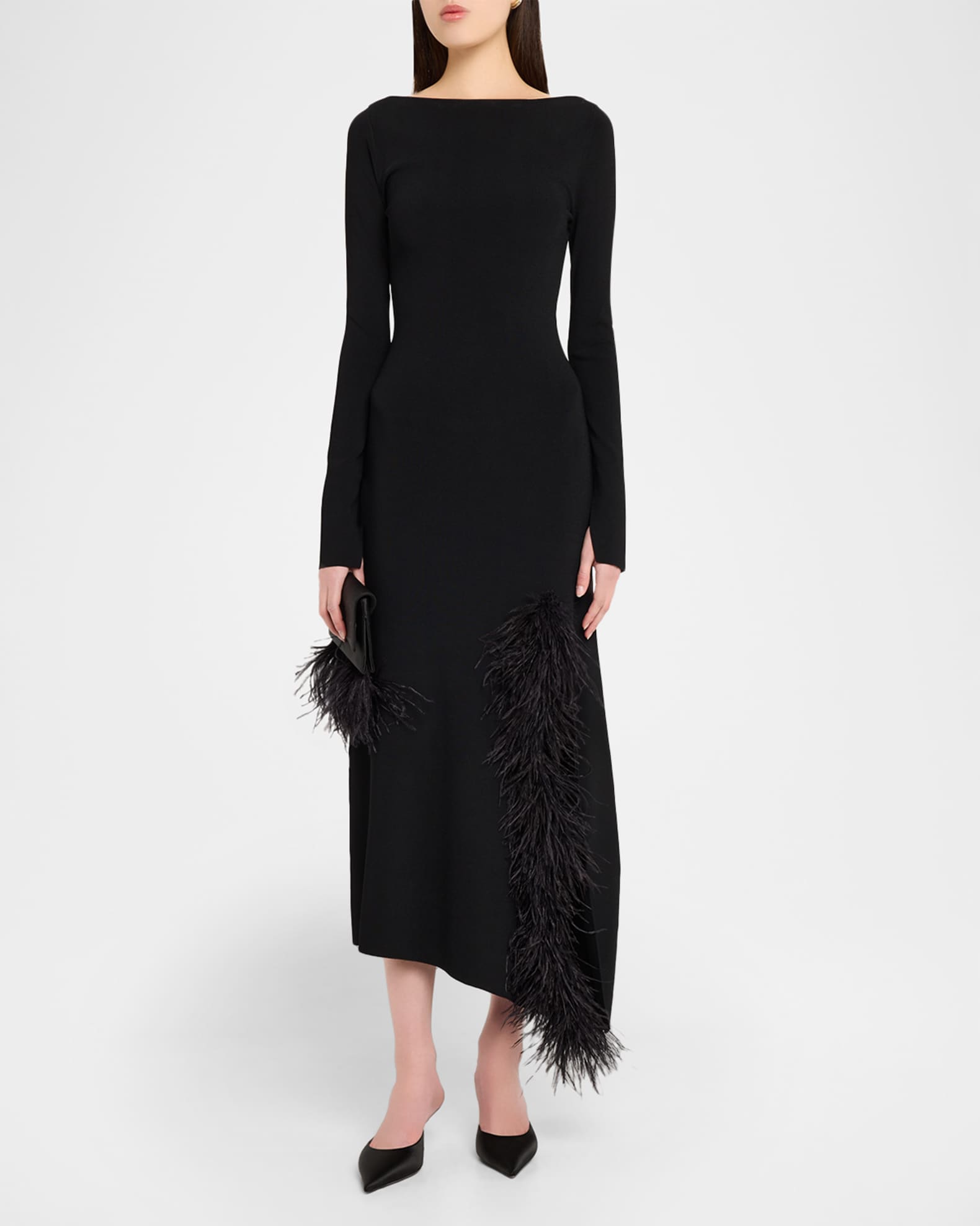 Lapointe Matte Viscose Boatneck Dress with Feathers | Black / M