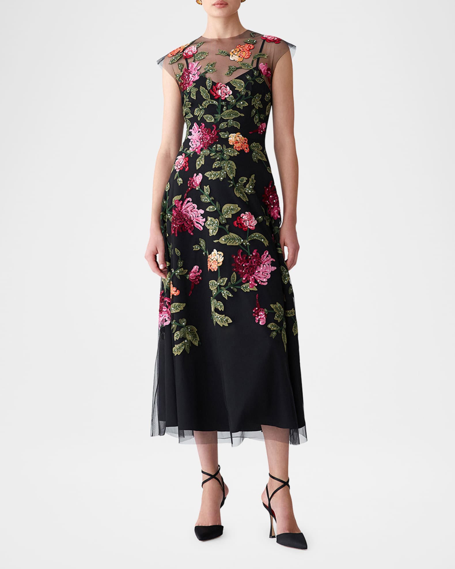 Carolina Herrera Floral-Embroidered Tulle Midi Dress