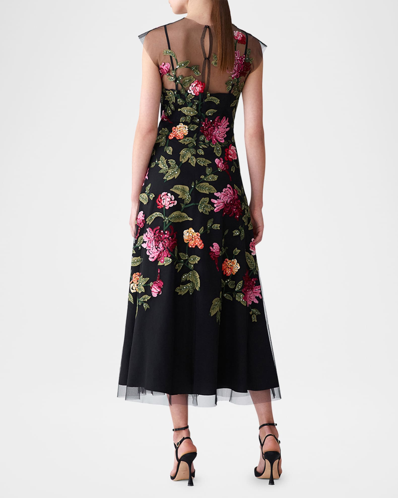 Carolina Herrera Floral-Embroidered Tulle Midi Dress | Neiman Marcus