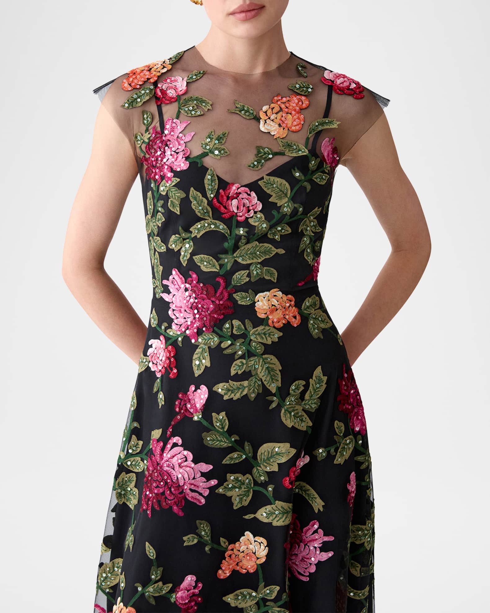 Carolina Herrera Floral-Embroidered Tulle Midi Dress | Neiman Marcus