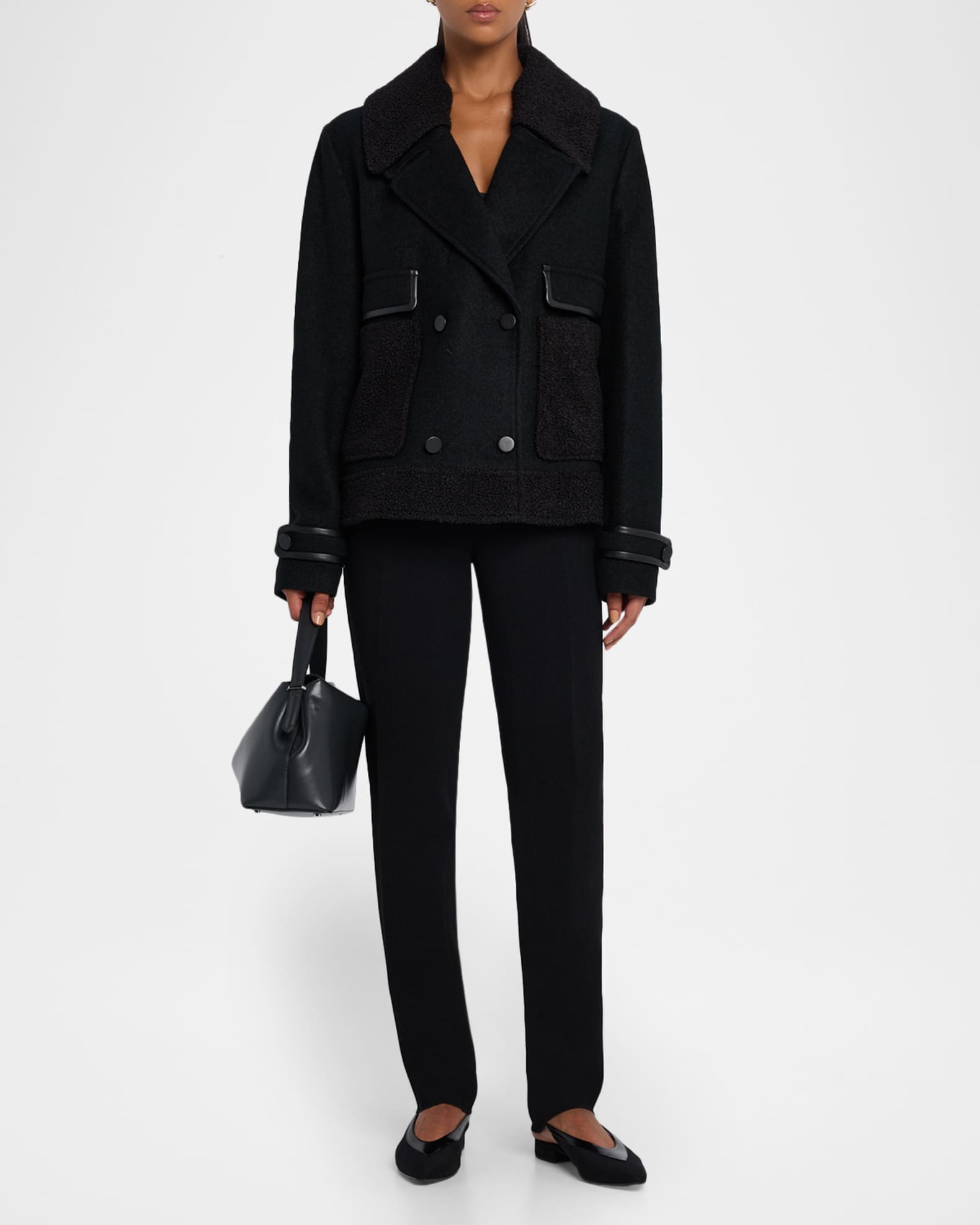 Emporio Armani Double-Breasted Peacoat with Faux Leather Trim