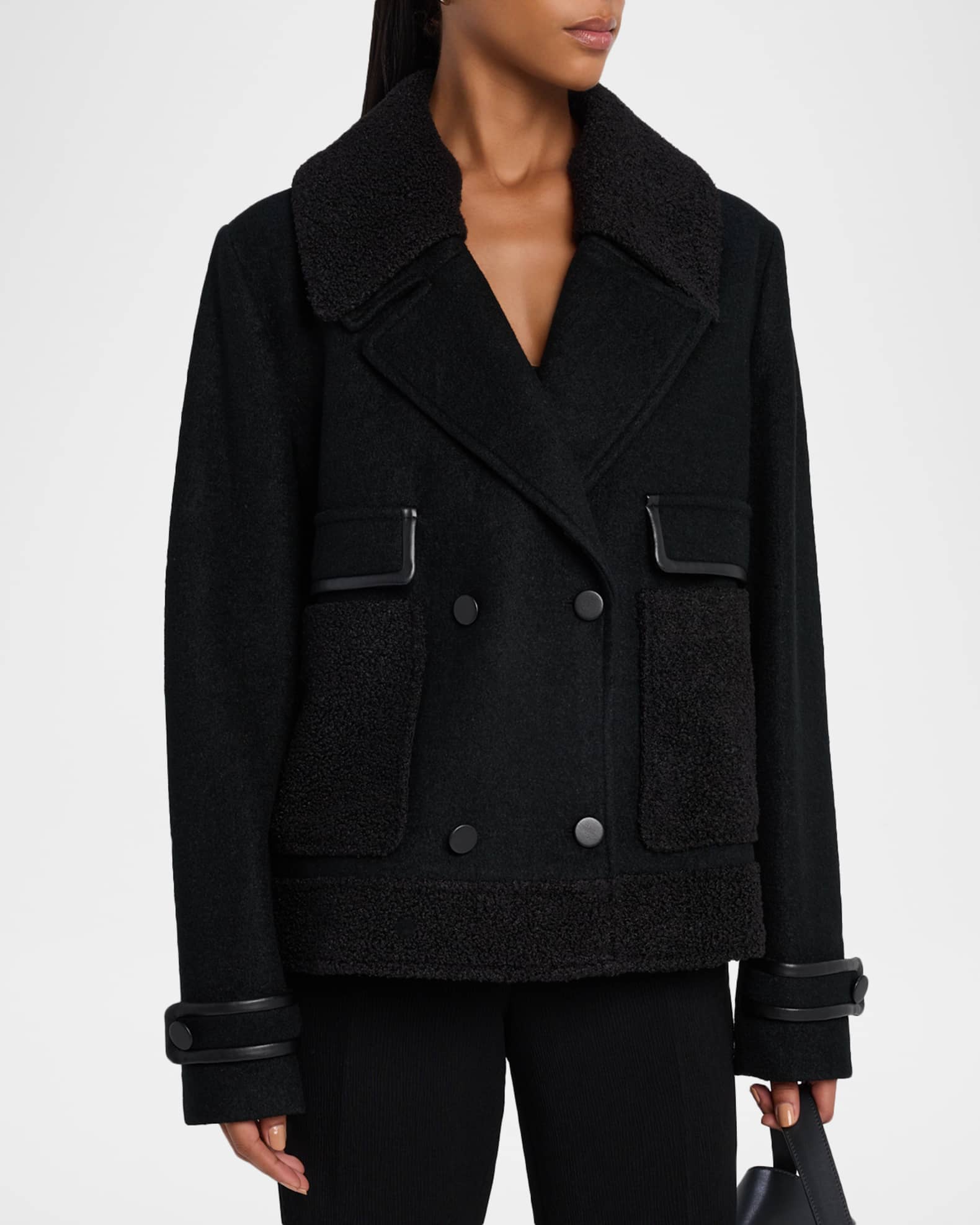 Emporio Armani Double-Breasted Peacoat with Faux Leather Trim