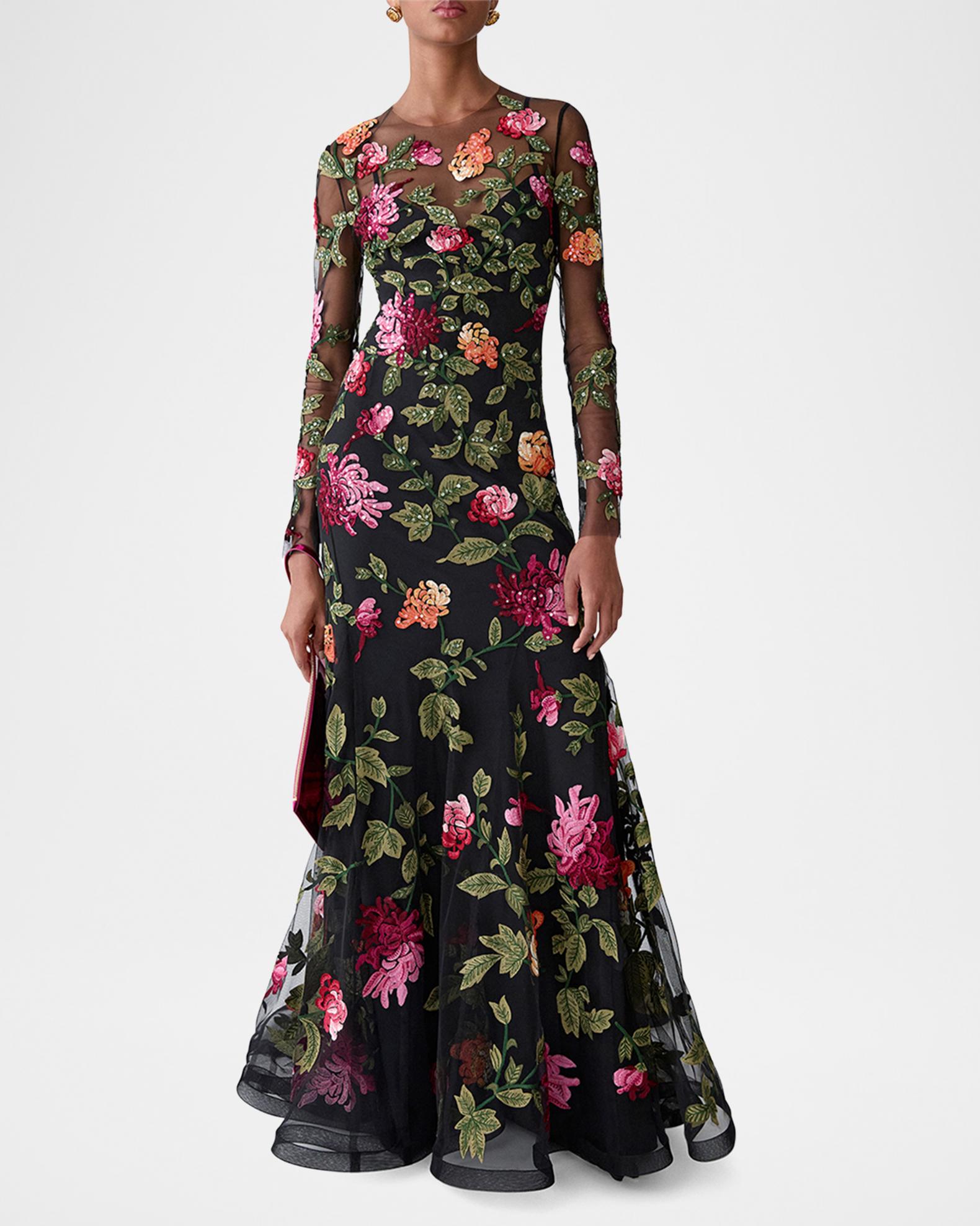 charena formal embroidered floral tulle dress Carolina Herrera Floral-Embroidered Gown formal floral embroidered dress