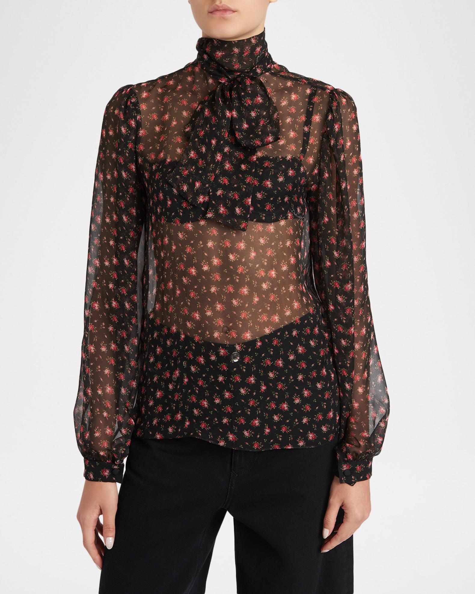 Dolce&Gabbana Rose-Print Chiffon Bow-Neck Blouse | Neiman Marcus