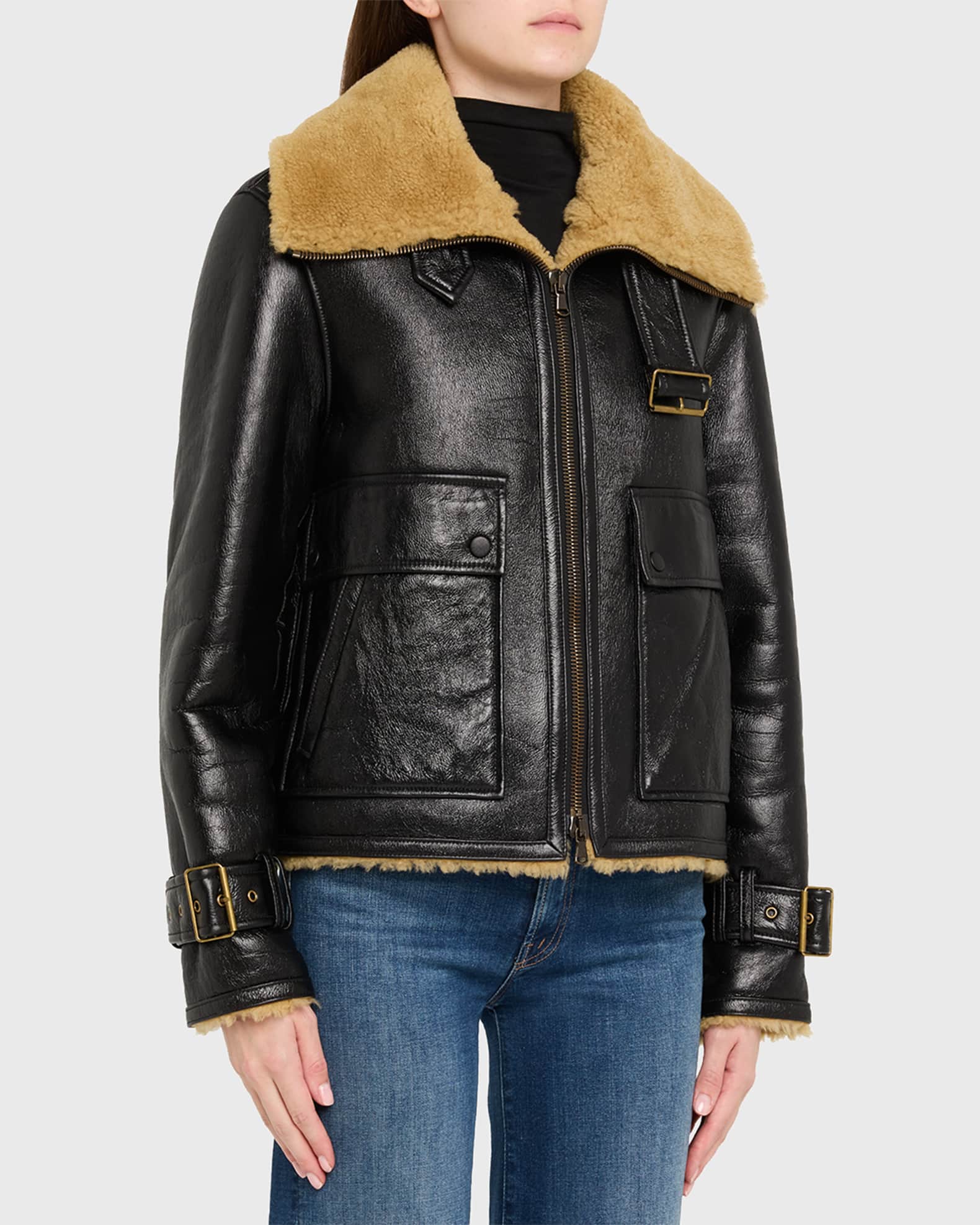 Veronica Beard Danika Leather Shearling Jacket Neiman Marcus