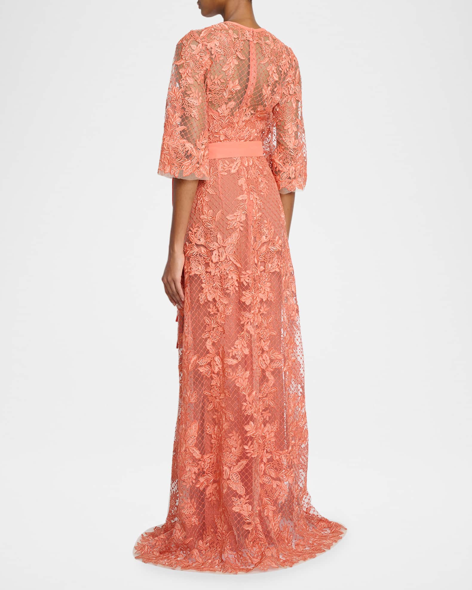 Elie Saab Lace Embroidered Tulle Maxi Dress, Sunset Cor, Women's, 40, Cocktail & Party Wedding Guest Dresses Cocktail Dresses