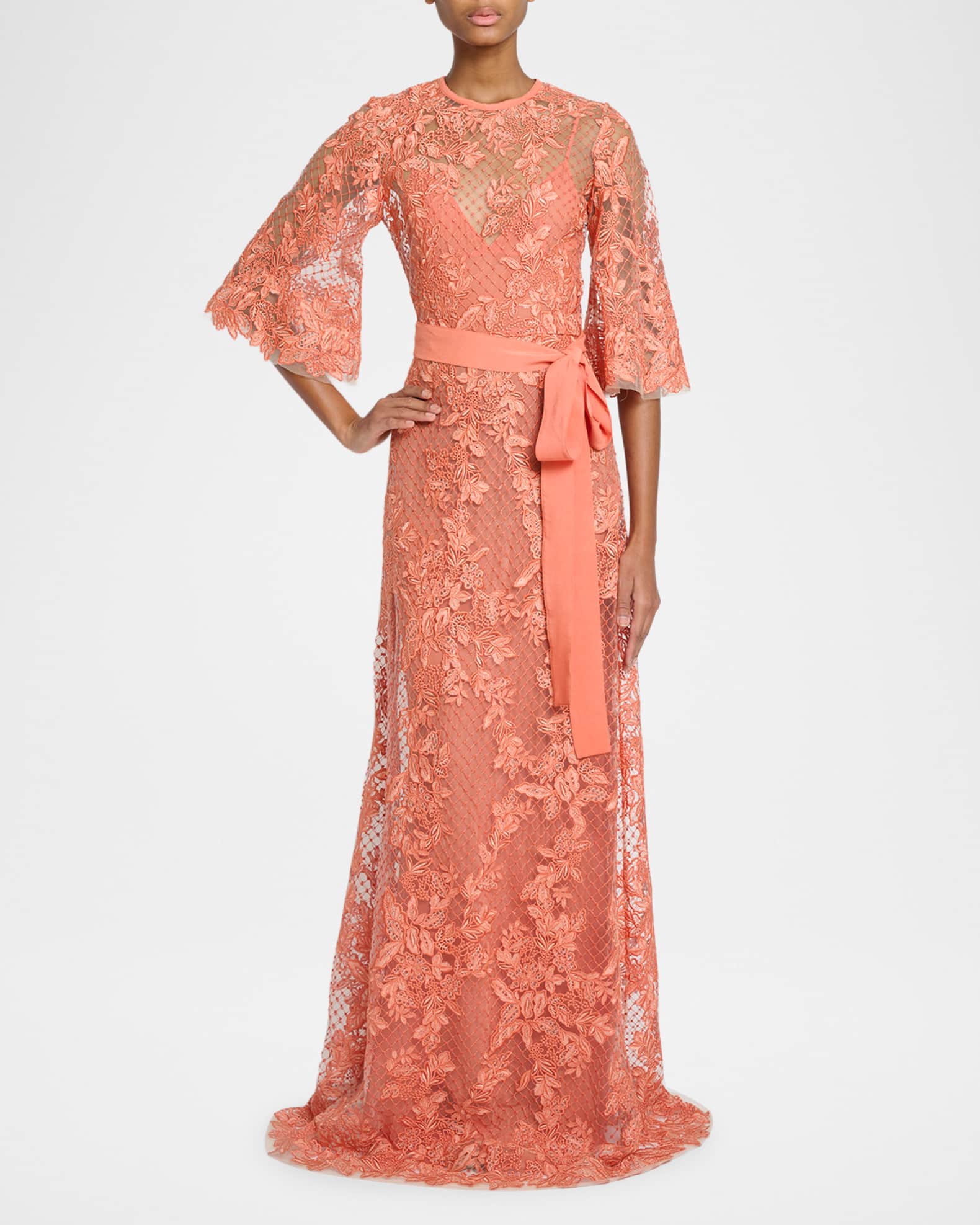 Elie Saab Lace Embroidered Tulle Maxi Dress, Sunset Cor, Women's, 40, Cocktail & Party Wedding Guest Dresses Cocktail Dresses