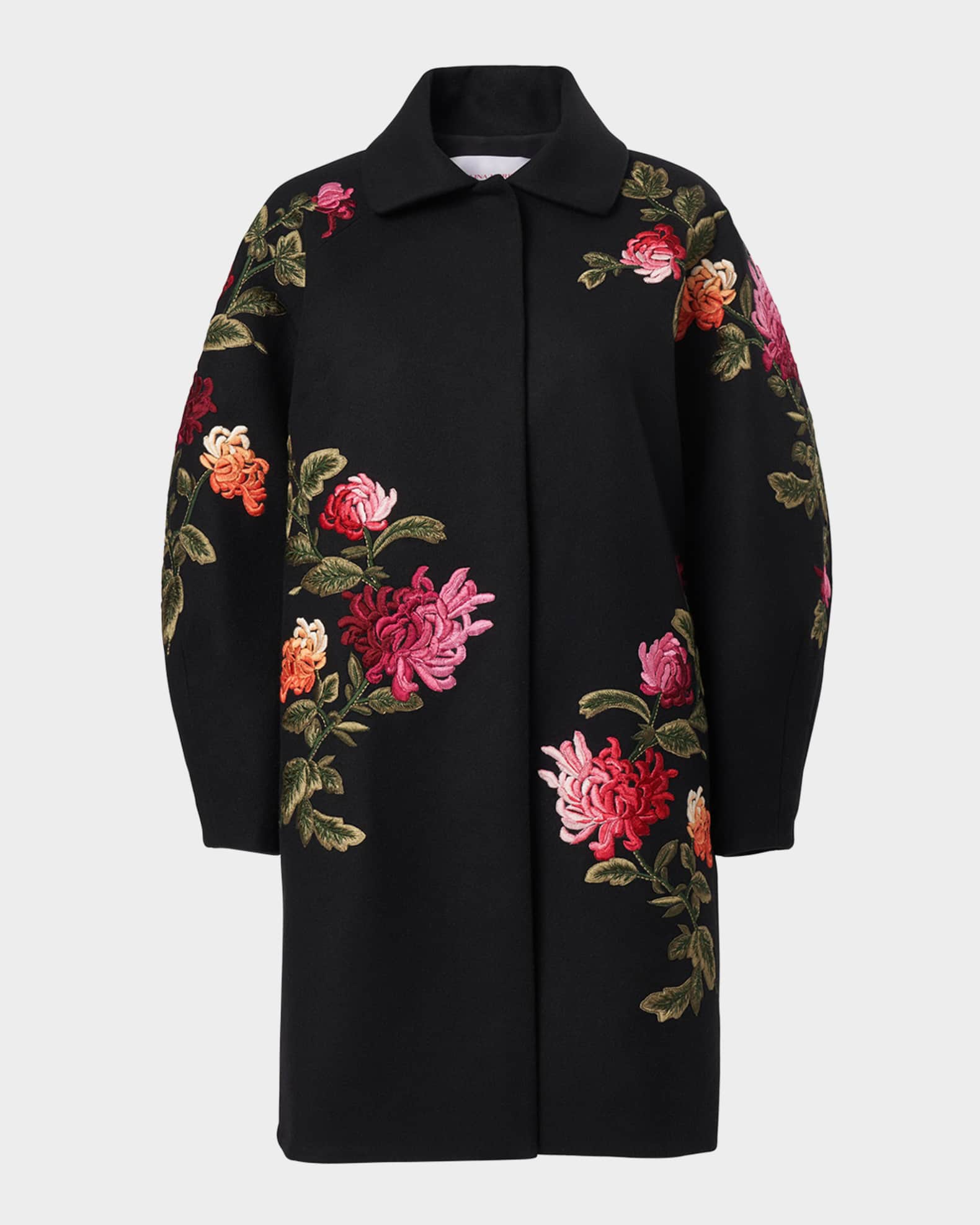 Carolina Herrera Floral-Embroidered Wool Cocoon Coat | Neiman Marcus