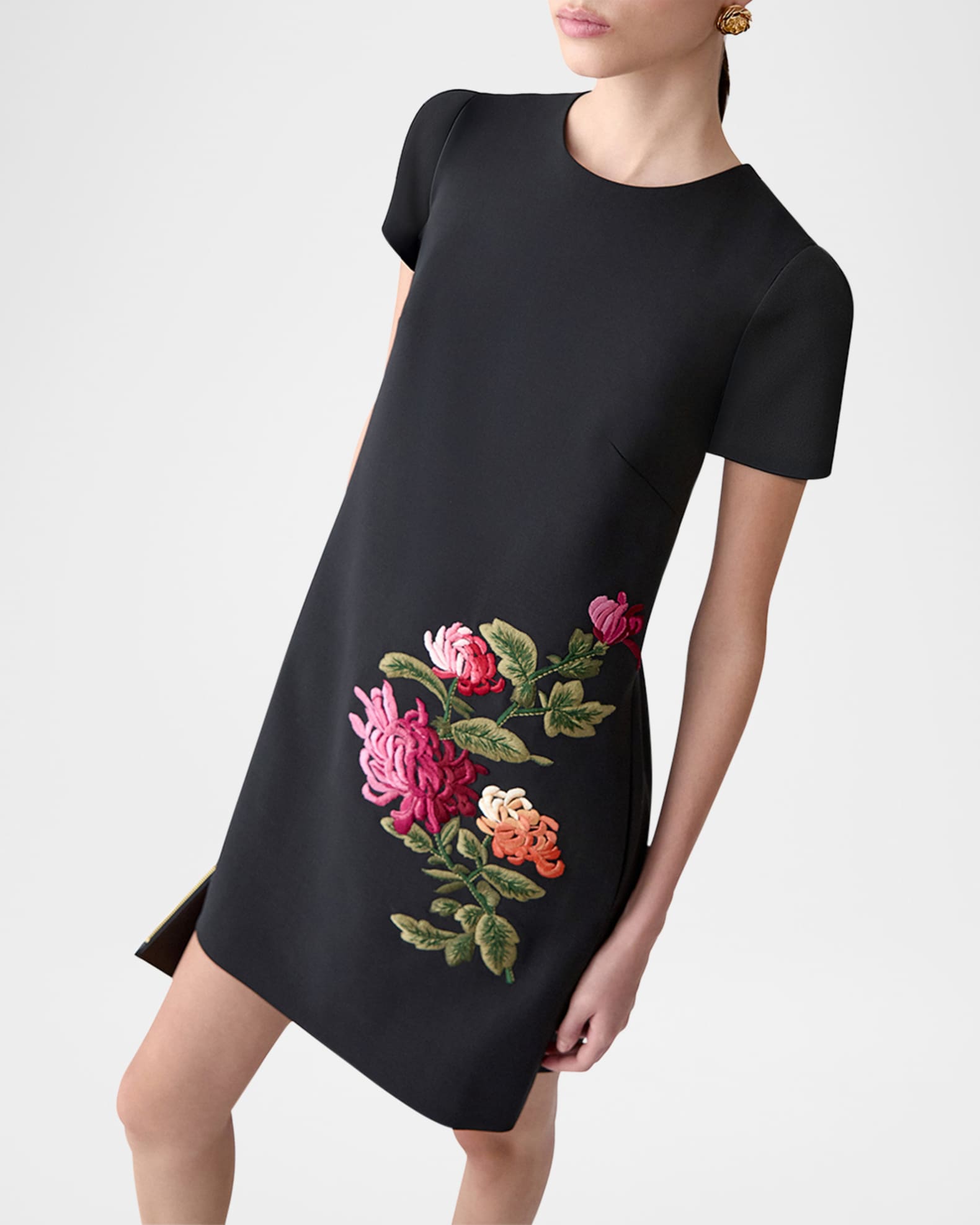 Carolina Herrera Floral Embroidered Wool Mini Shift Dress Neiman