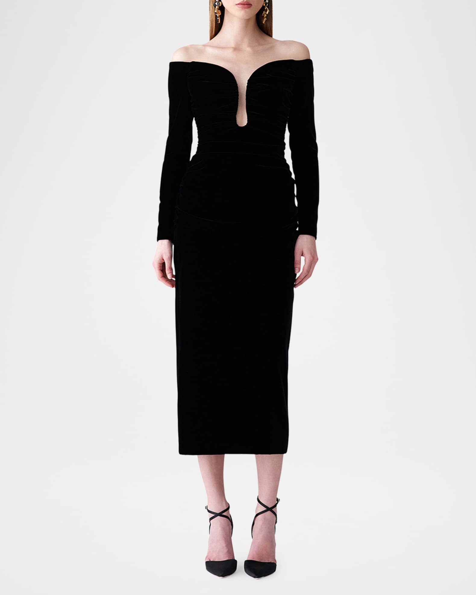 Carolina Herrera Ruched Plunging Off-Shoulder Velvet Midi Dress