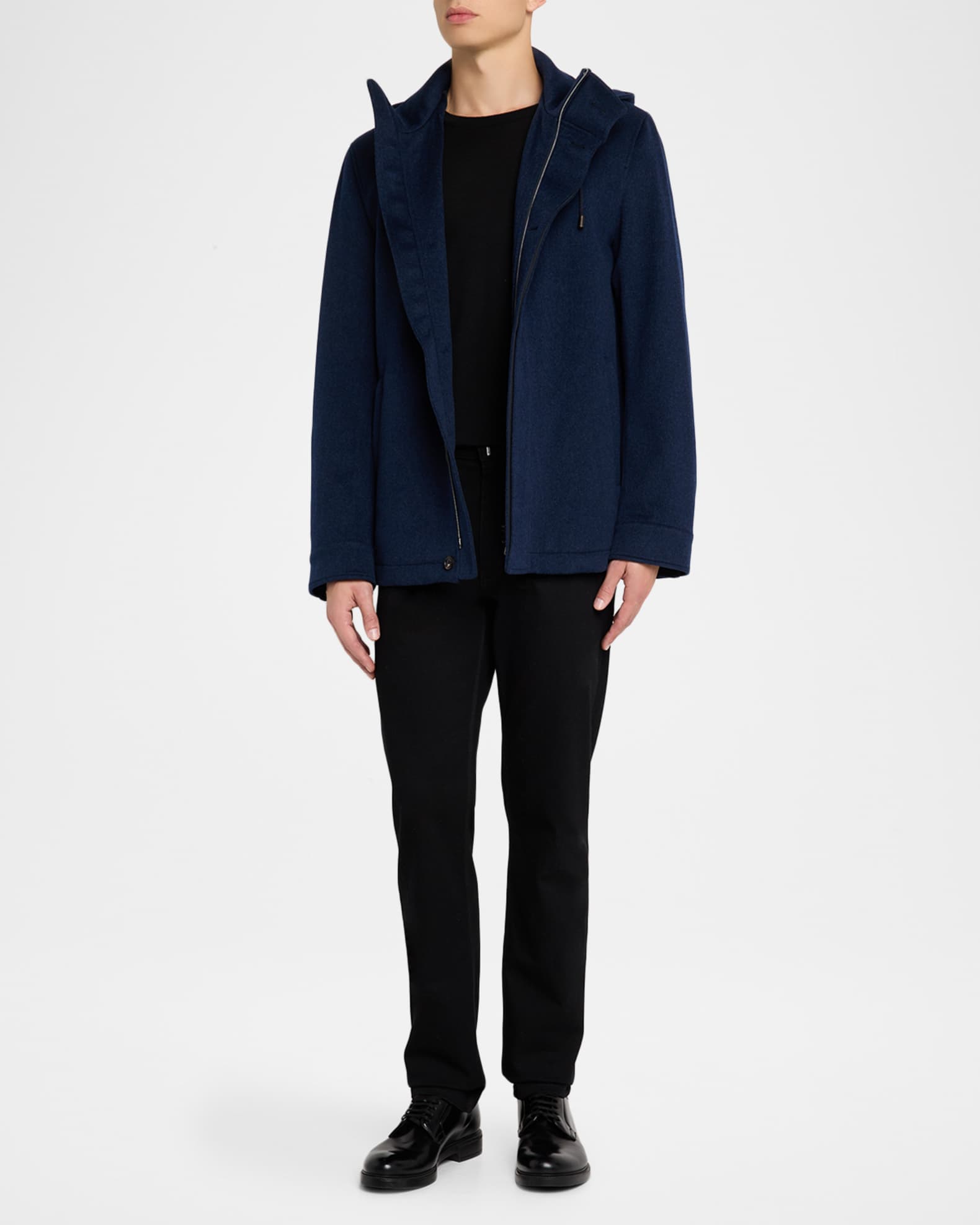 Neiman Marcus Men's Wool Hidden-Zip Car Coat with Hood | Neiman Marcus