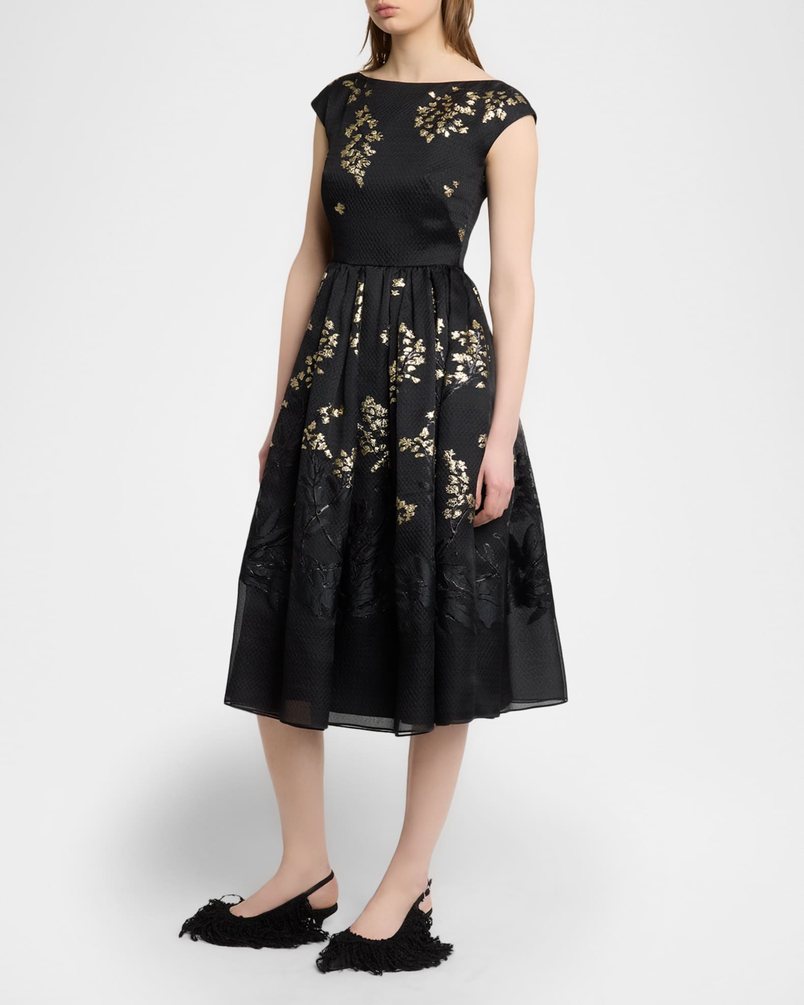 Erdem Floral Brocade Cap-Sleeve Midi Dress | Neiman Marcus