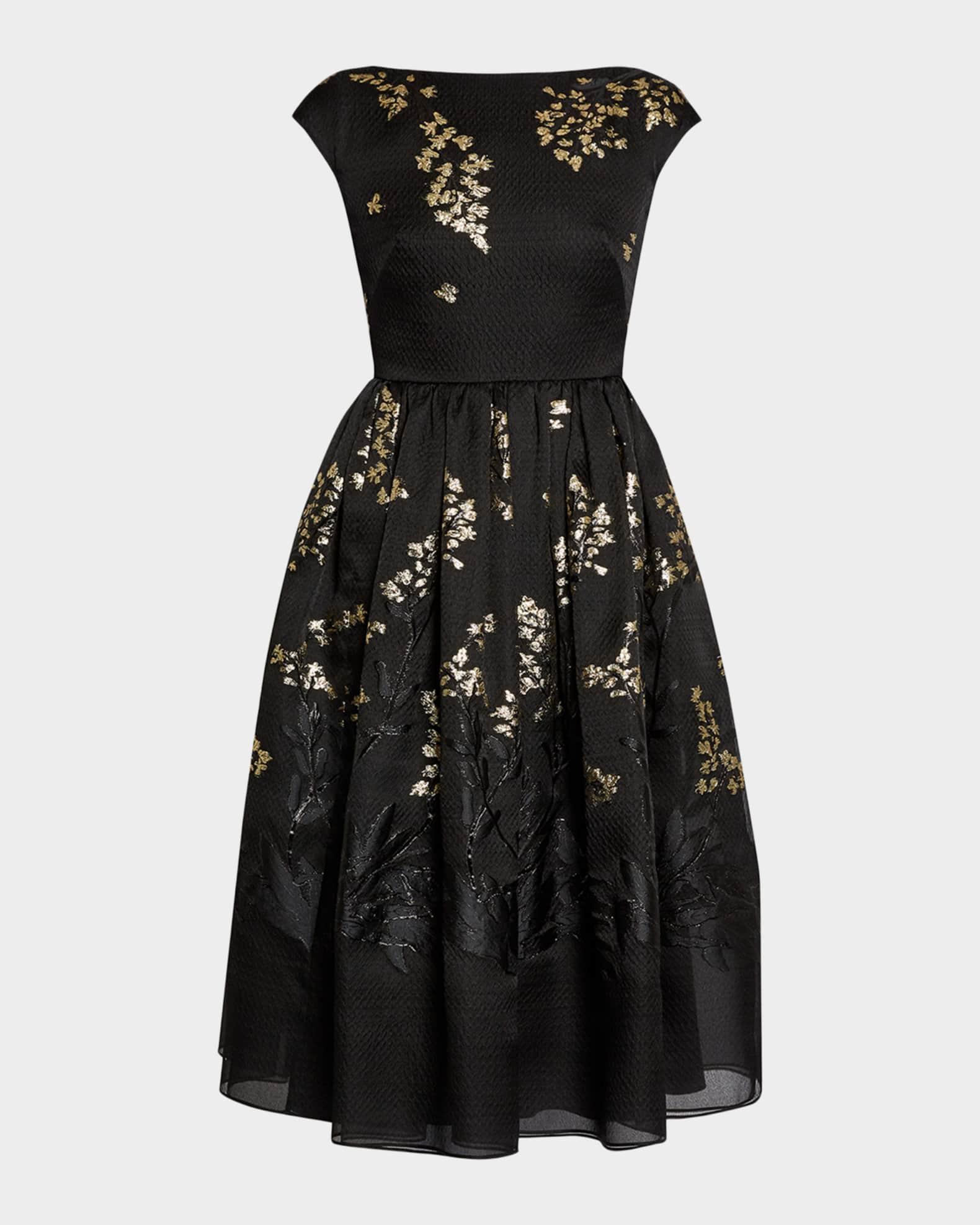 Erdem Floral Brocade Cap-Sleeve Midi Dress, Black, Women's, 6, Cocktail & Party Wedding Guest Dresses Cap-Sleeve Dresses