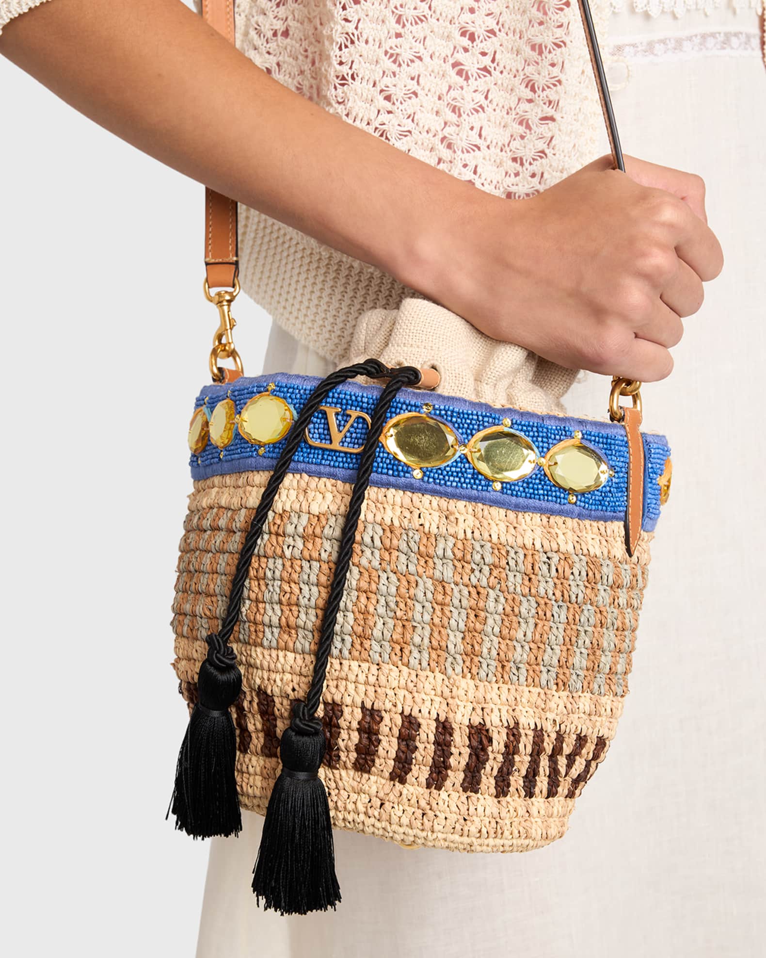 Valentino Garavani Small Viscose Raffia Beaded Bucket Bag | Neiman
