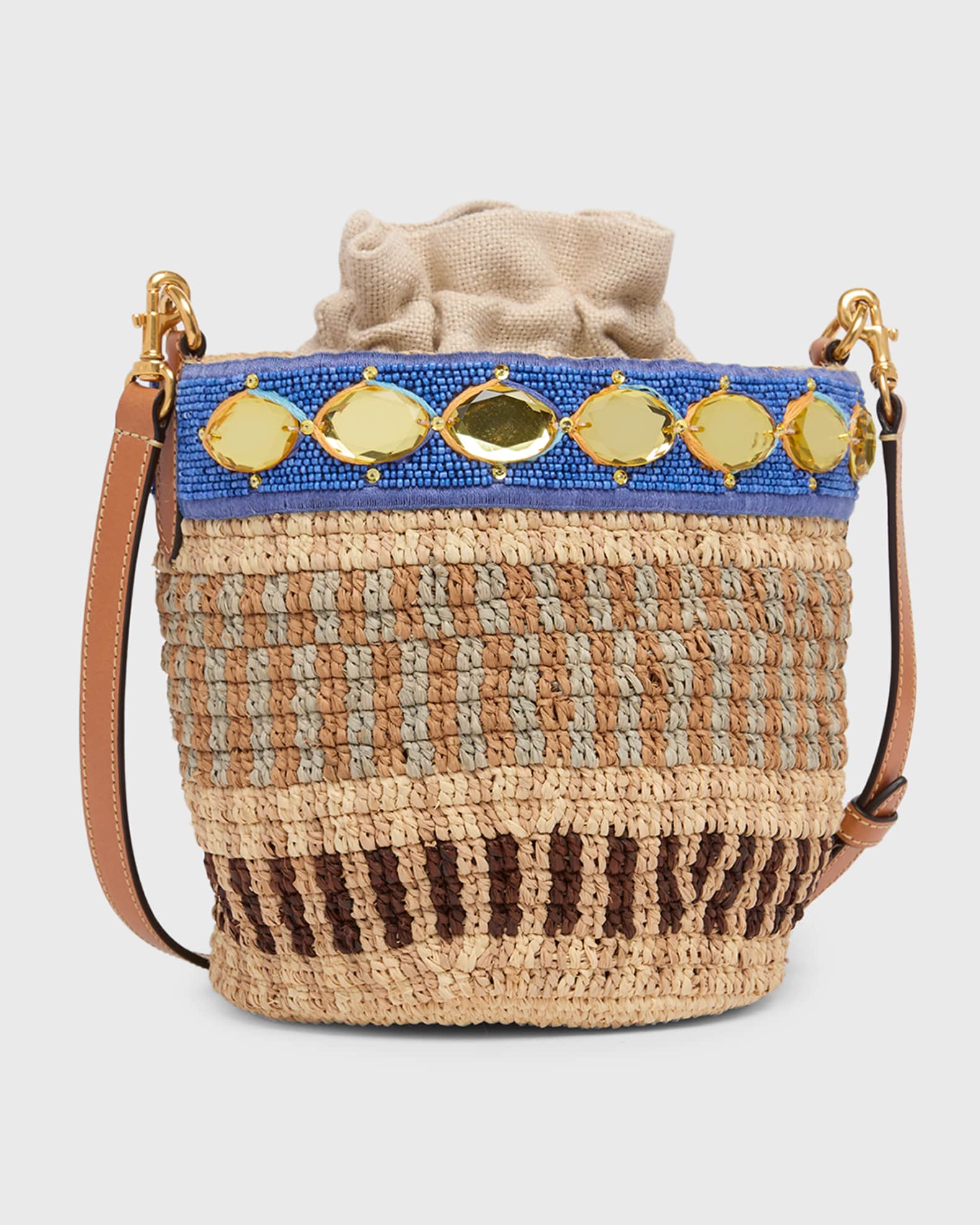 Valentino Garavani Small Viscose Raffia Beaded Bucket Bag | Neiman