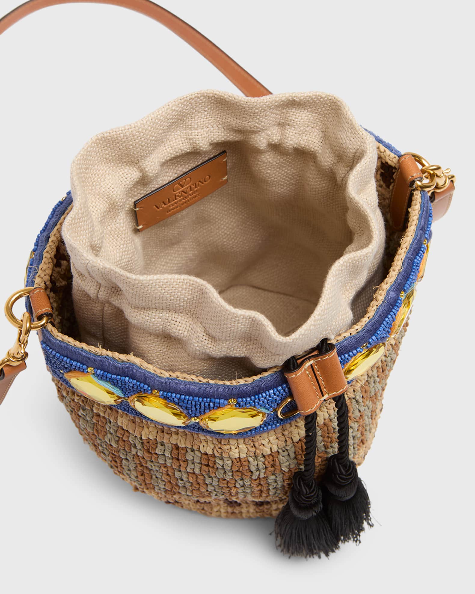 Valentino Garavani Small Viscose Raffia Beaded Bucket Bag | Neiman
