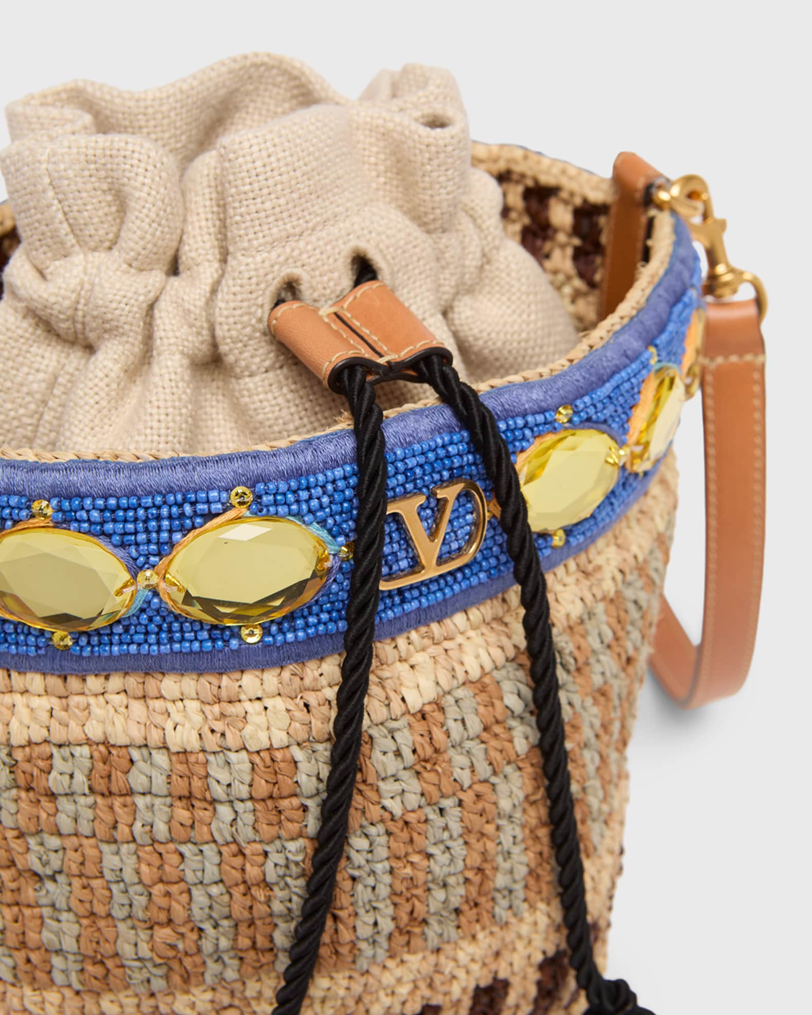 Valentino Garavani Small Viscose Raffia Beaded Bucket Bag | Neiman