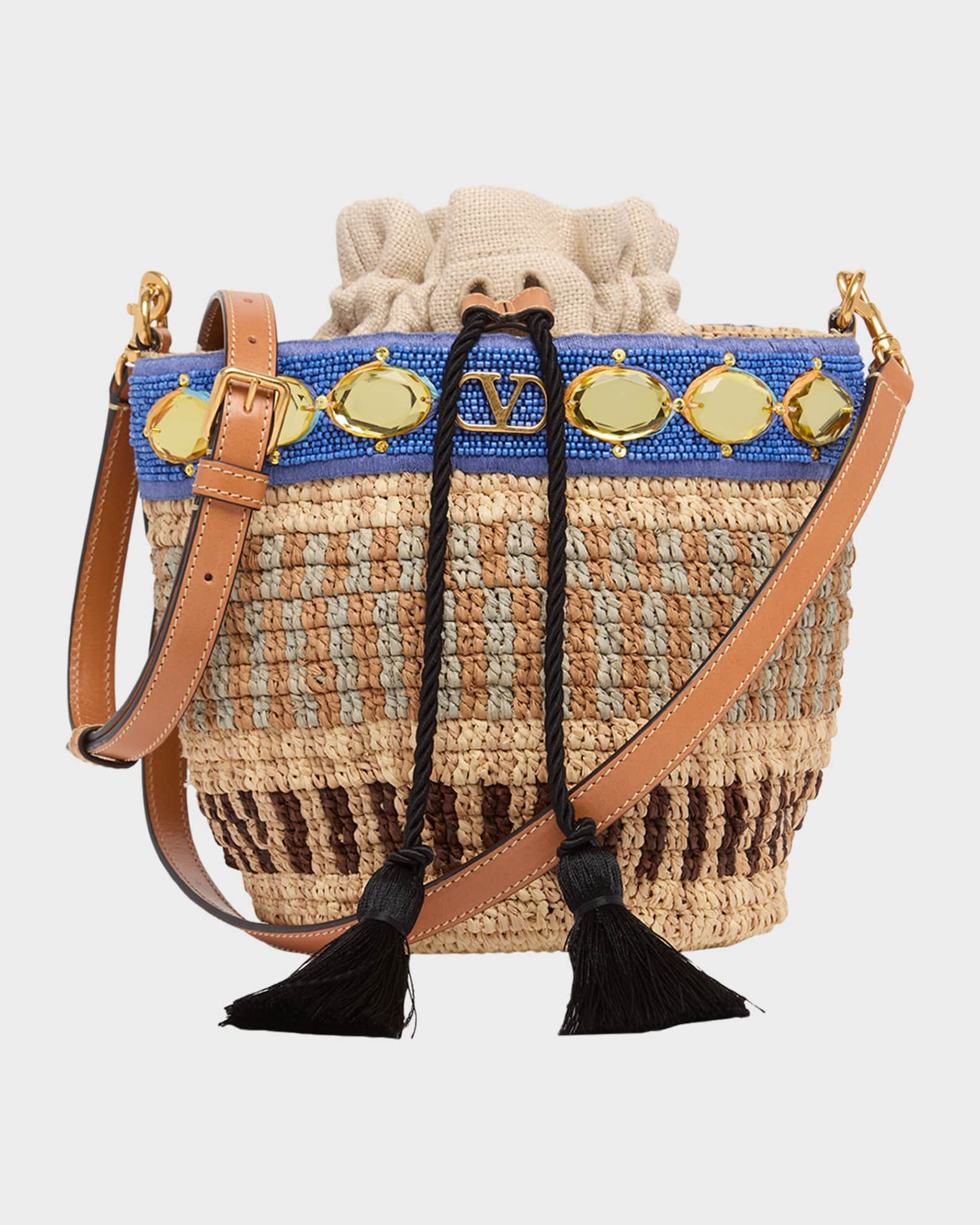 Valentino Garavani Small Viscose Raffia Beaded Bucket Bag | Neiman