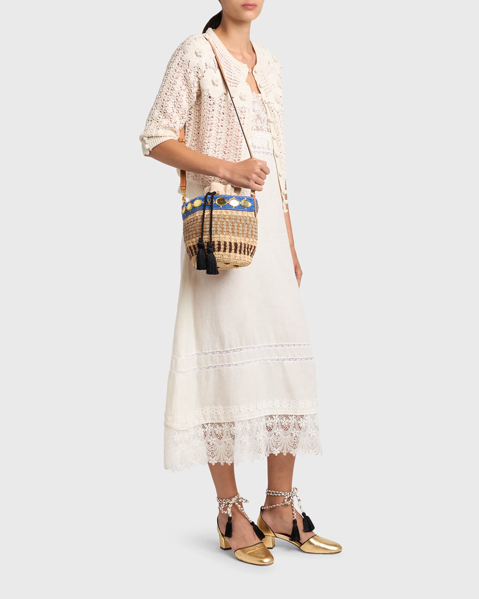Valentino Garavani Small Viscose Raffia Beaded Bucket Bag | Neiman