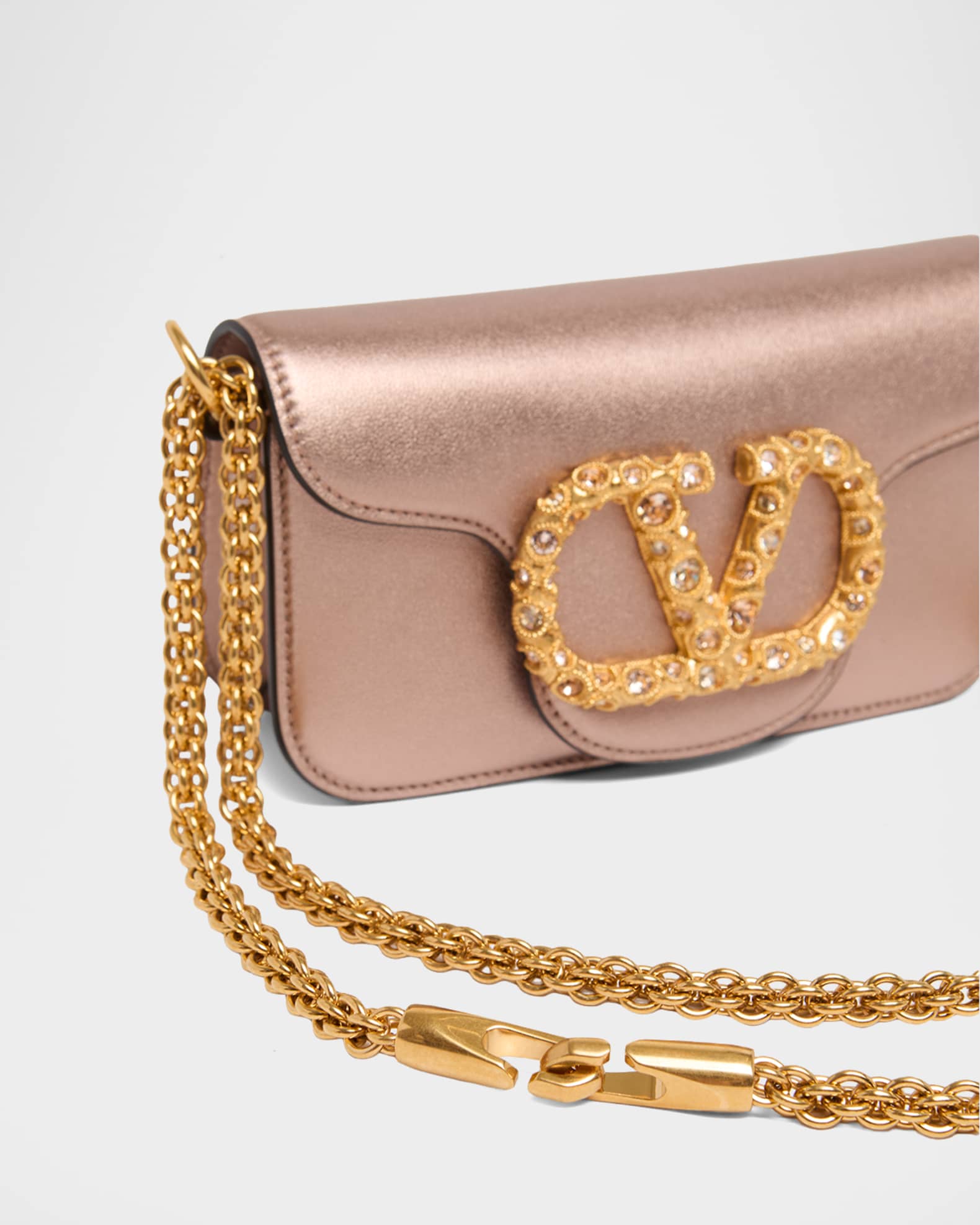 Valentino Garavani Small Crystal VLogo Metallic Leather Top-Handle