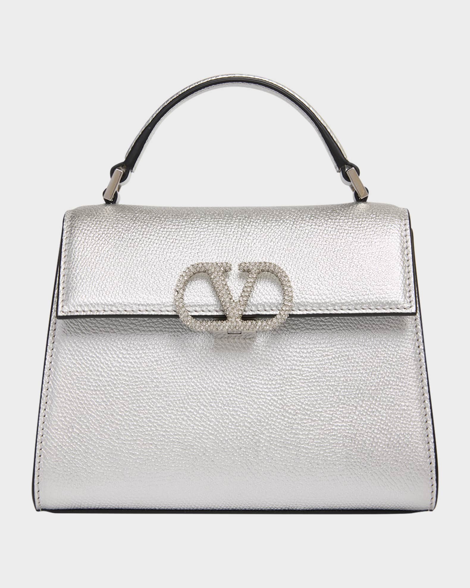 Valentino Garavani Mini Crystal VLogo Metallic Leather Top-Handle