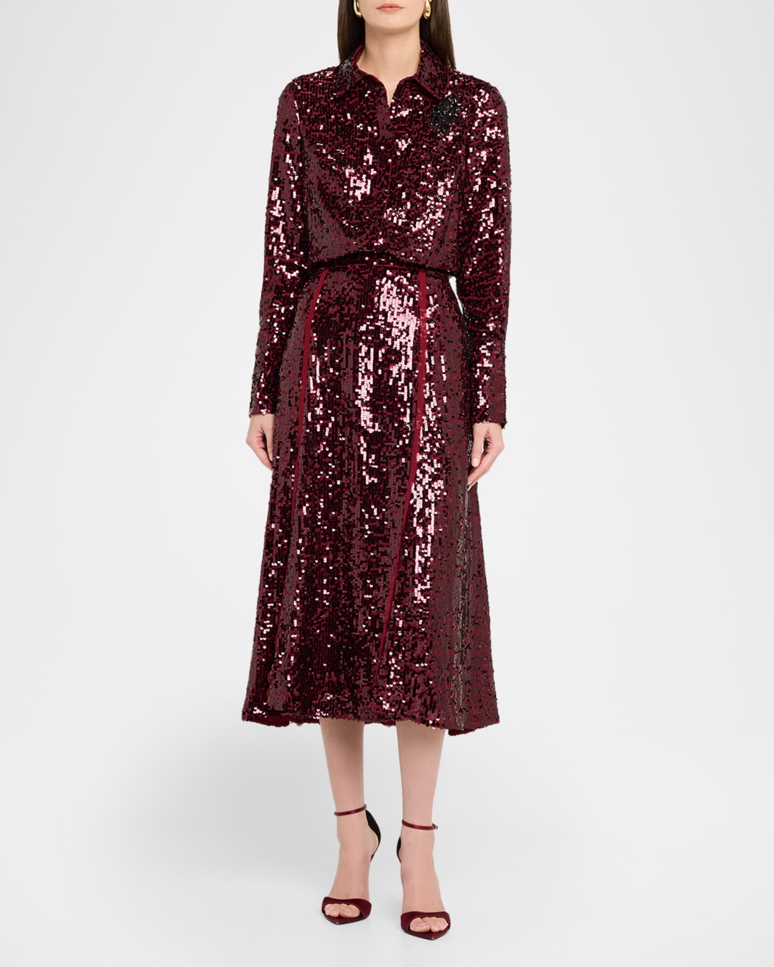 Erdem Long-Sleeve Sequined Shirt, Mulberry R, Women's, 6, Shirts Tops Blouses Button Down Shirts