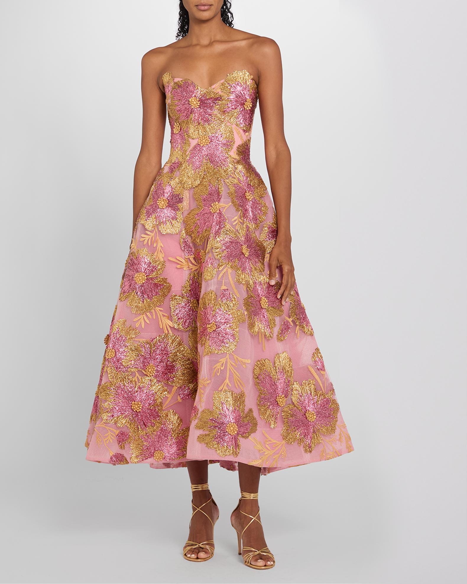 monique lhuillier elle strapless midi dress ML Monique Lhuillier Stella Rosette Strapless Corset Gown
