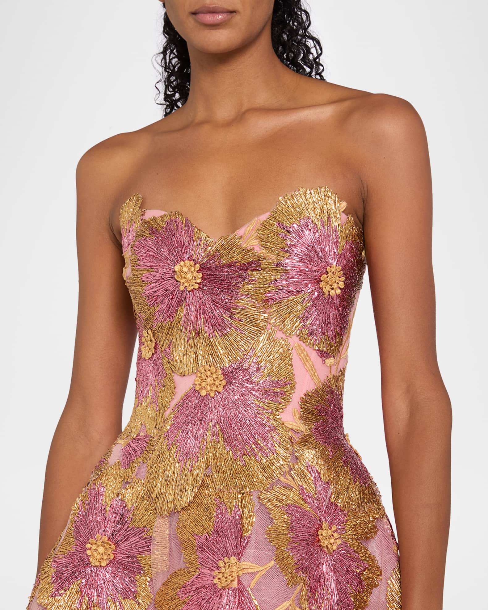 Monique Lhuillier Strapless Metallic Floral Embroidered Tulle Tea