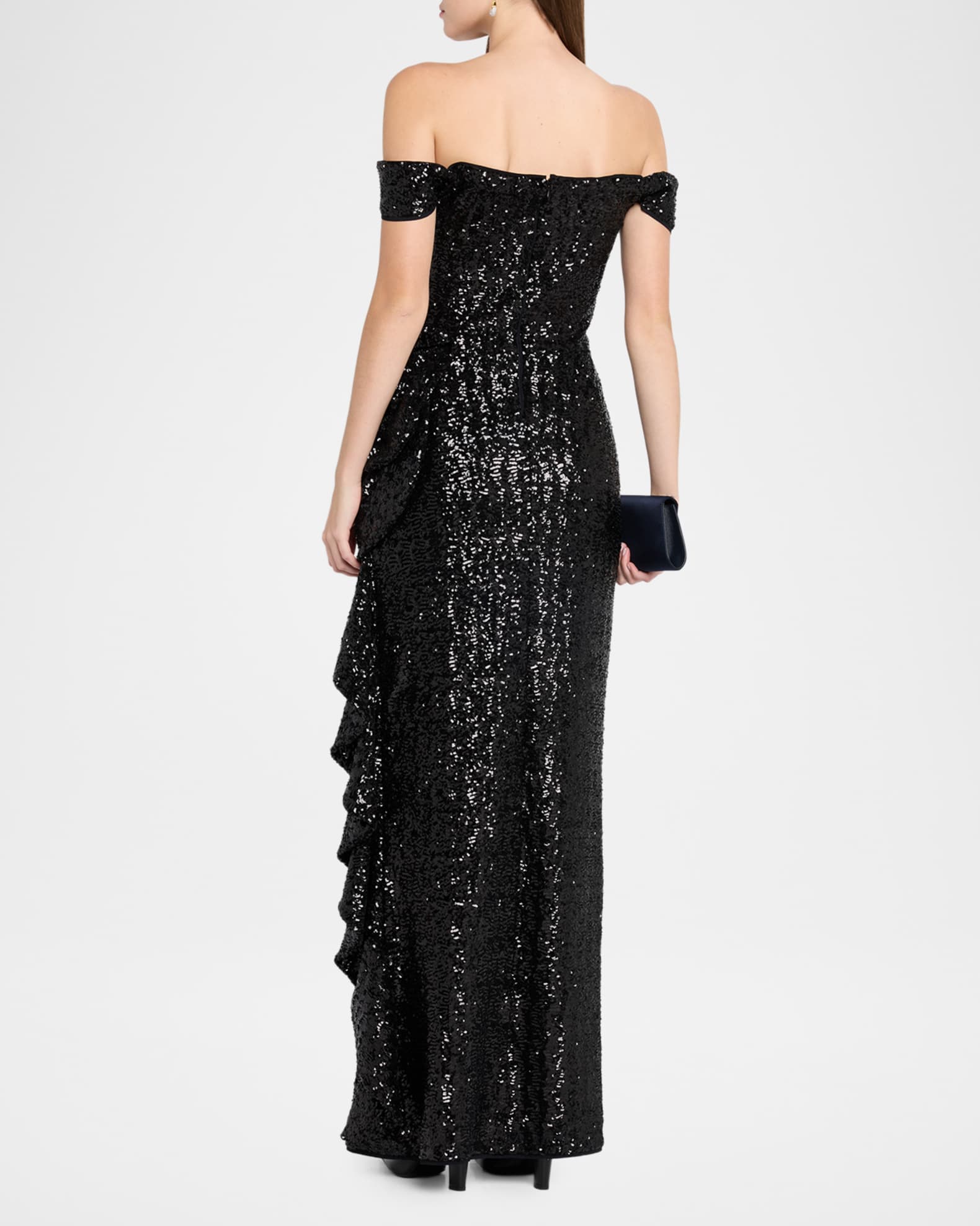 Chiara Boni La Petite Robe Iska Off-Shoulder Sequin Column Gown, Black, Women's, 2, Off-The-Shoulder Gowns