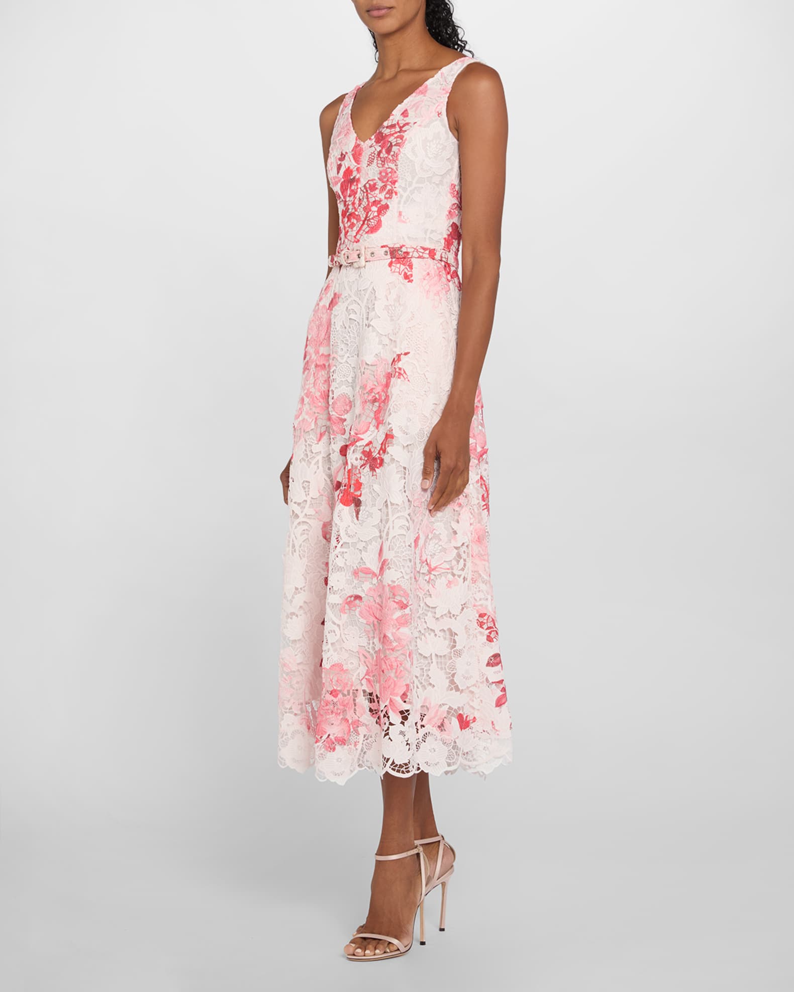 Monique Lhuillier Rose-Print Lace Belted Sleeveless Midi Dress | Neiman  Marcus
