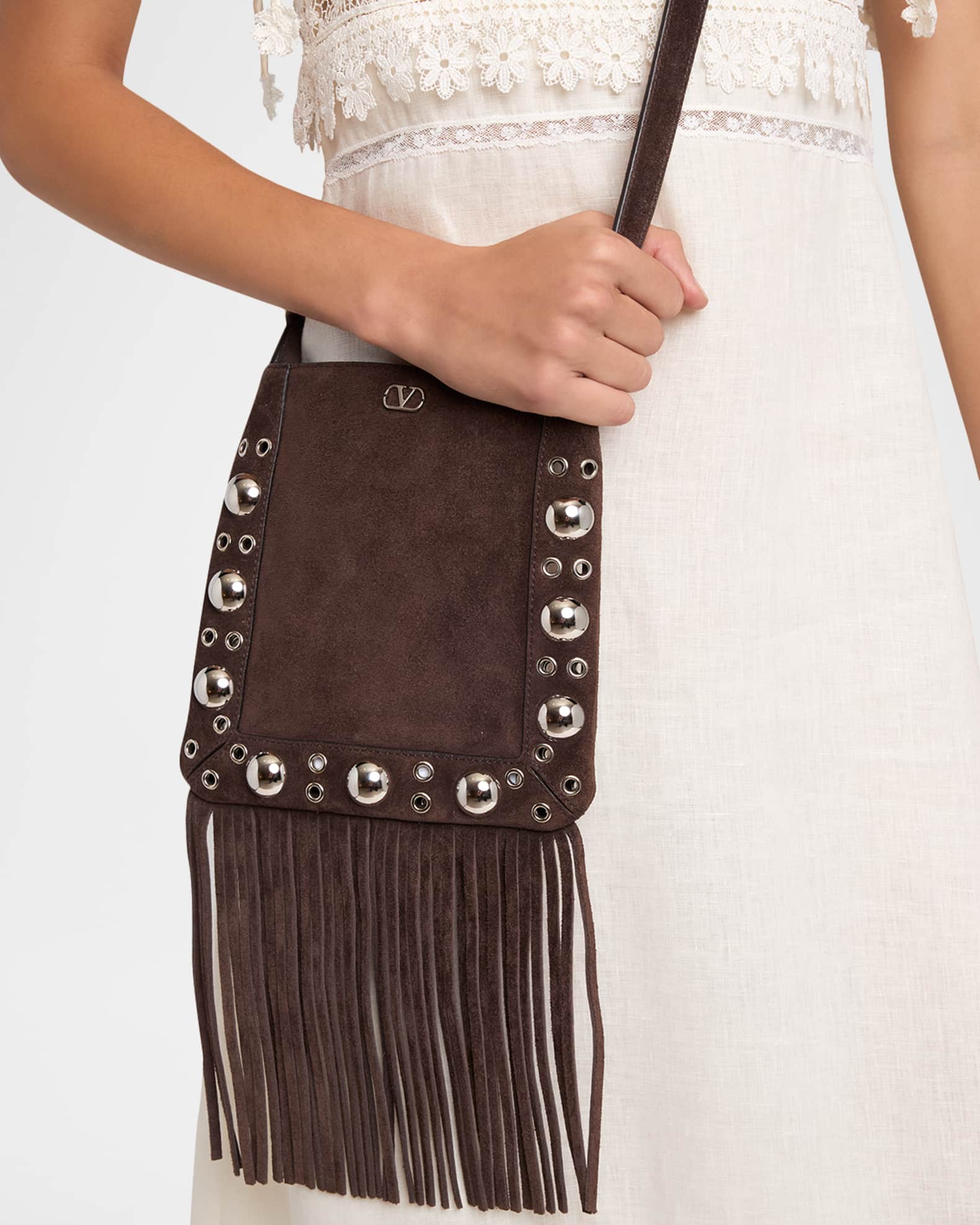 Valentino Garavani Small Studded Fringe Suede Crossbody Bag