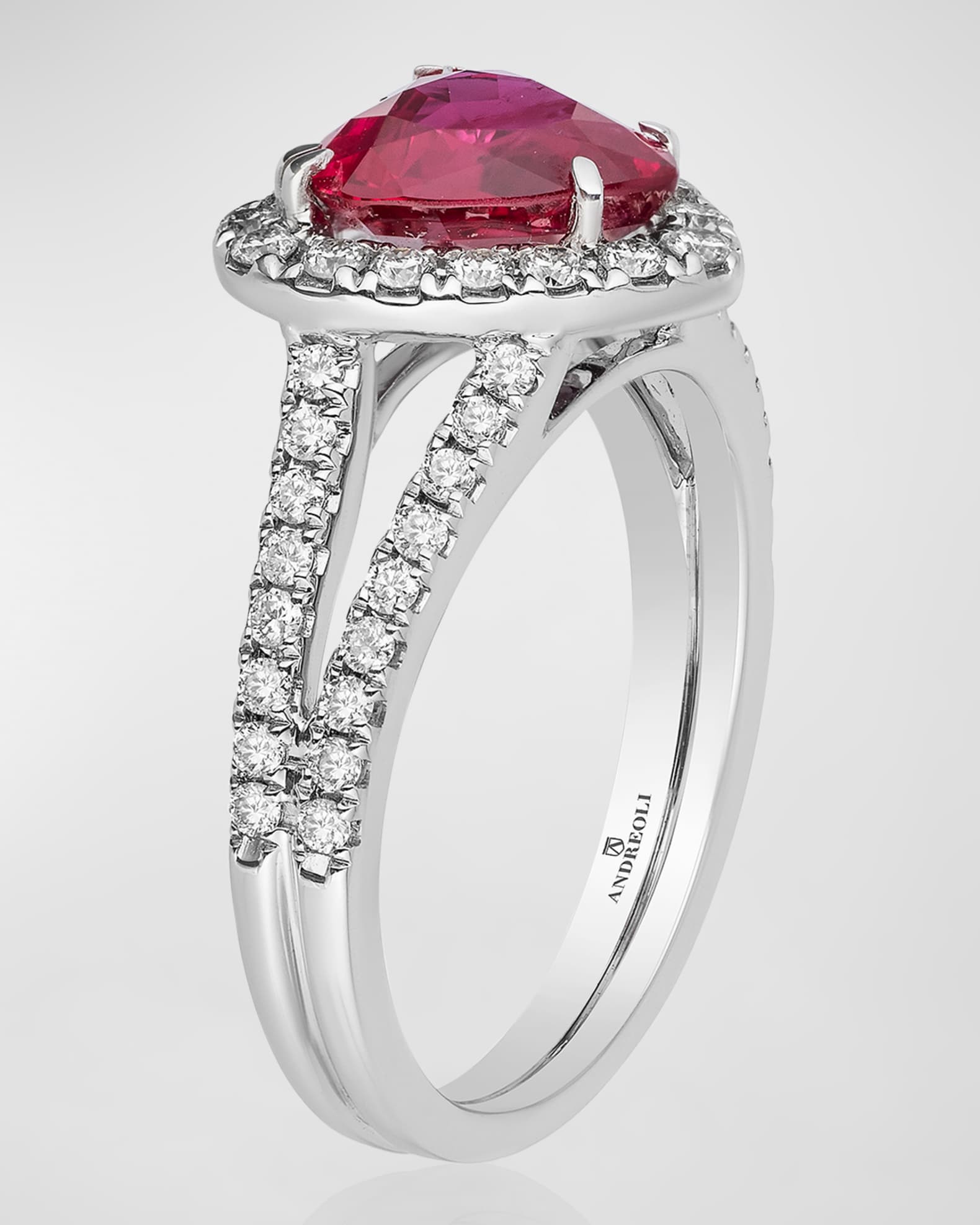18K White Gold Heart Shaped Ruby Ring with Diamonds, Size 6 1