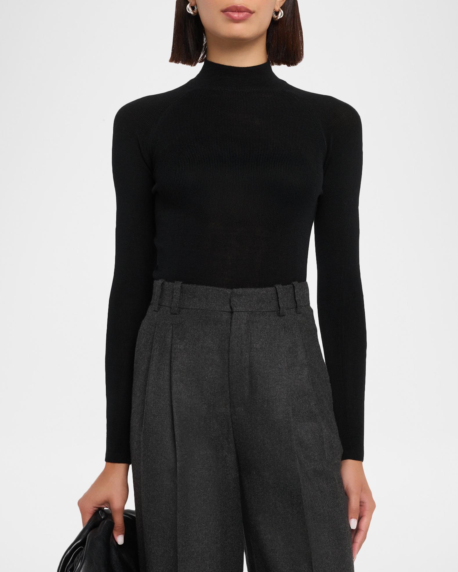 Mock-Neck Merino Silk Micro Rib Knit T-Shirt | Neiman Marcus