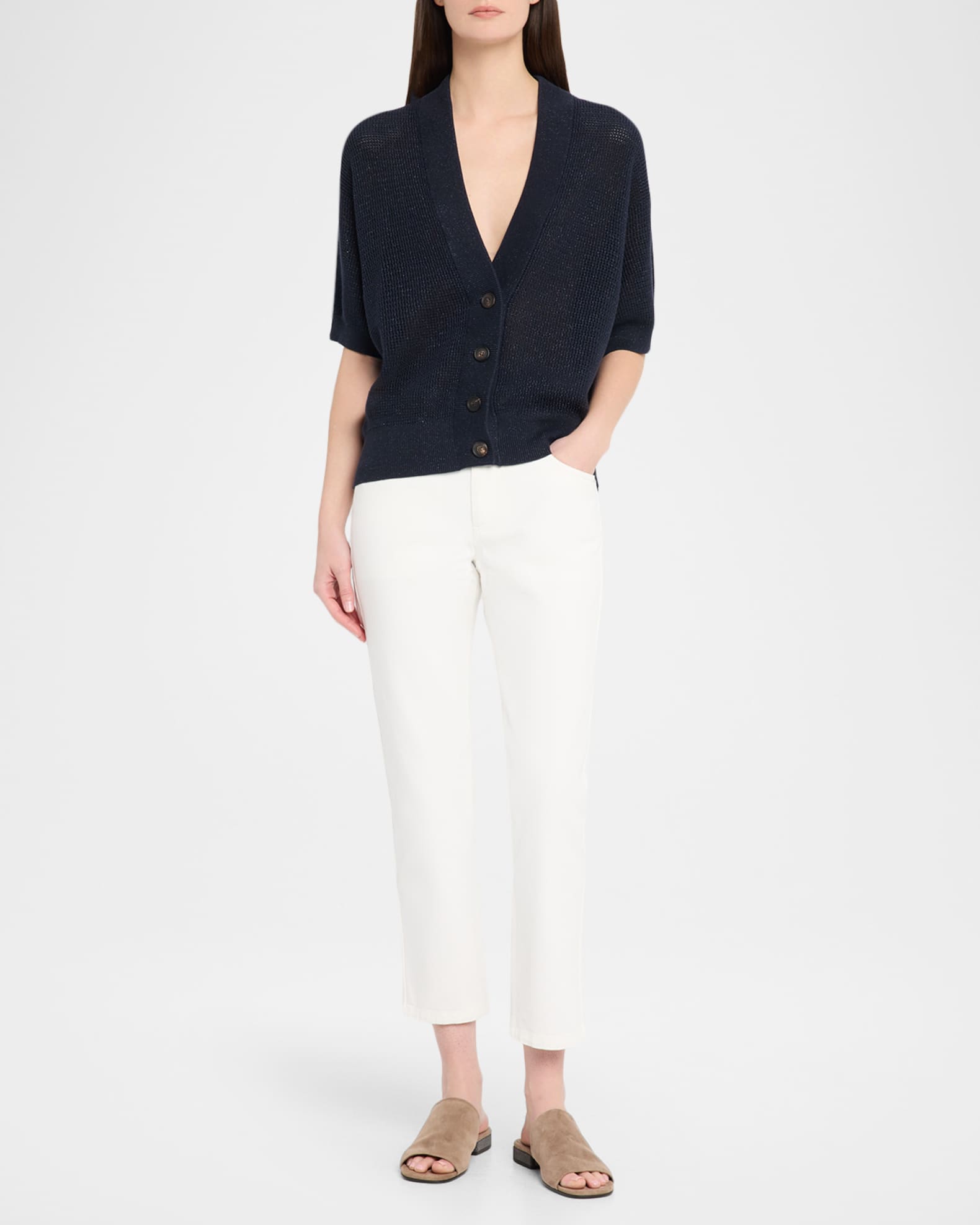 Brunello Cucinelli Shimmering Diamond Knit Short-Sleeve Cardigan