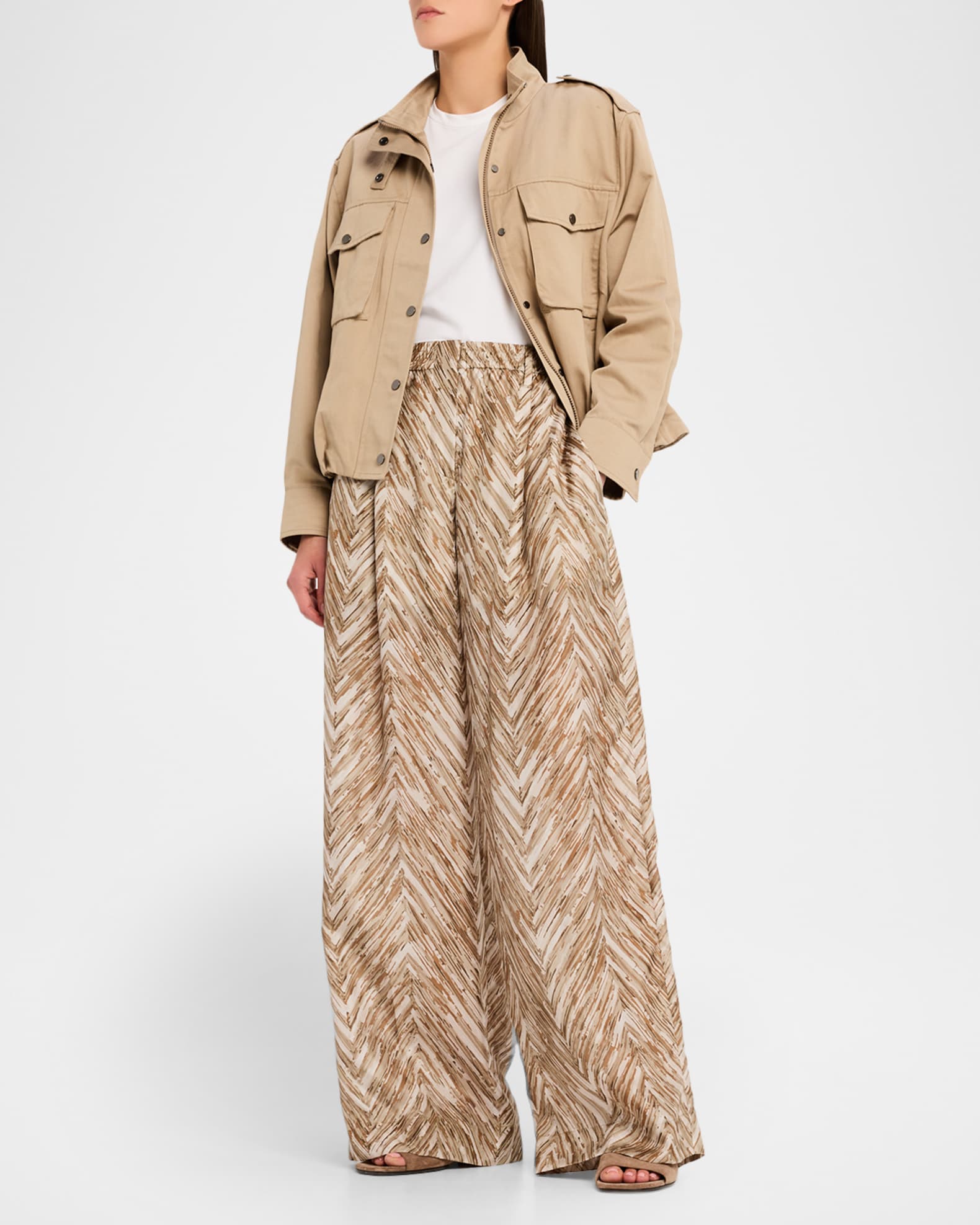 Brunello Cucinelli Chevron Silk Wide-Leg Summer Pants | Neiman Marcus