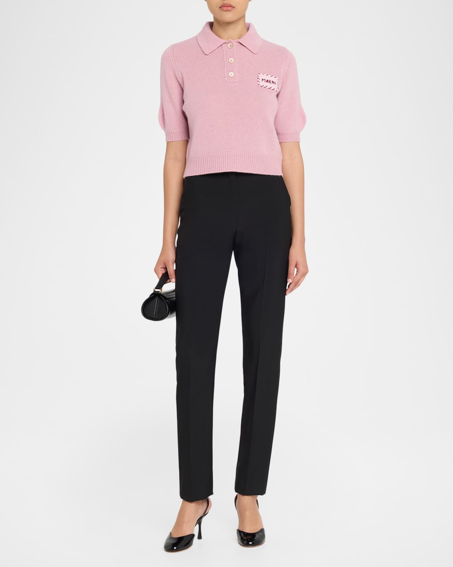 Marni Short-Sleeve Cashmere Crop Polo Sweater | Neiman Marcus