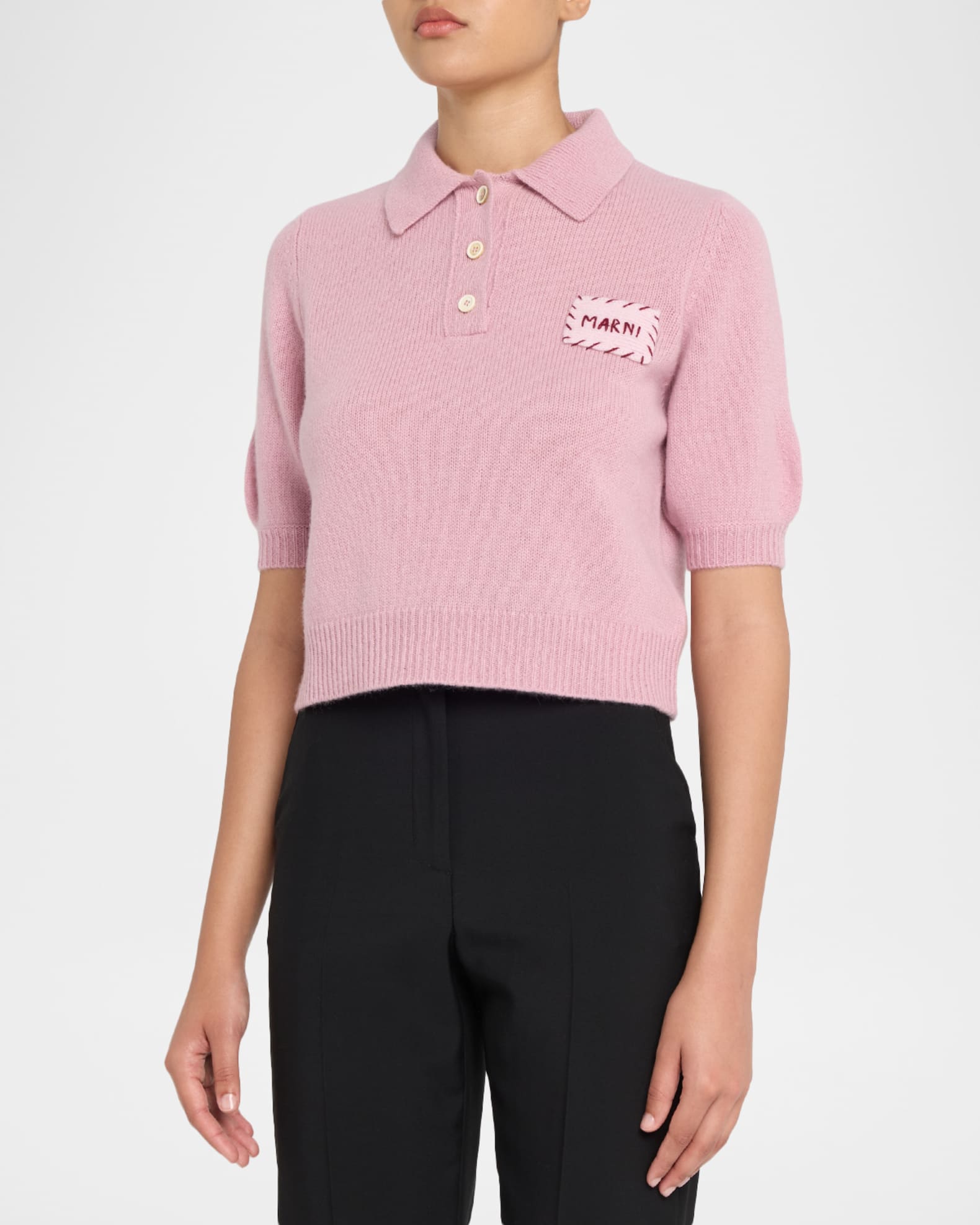 Marni Short-Sleeve Cashmere Crop Polo Sweater | Neiman Marcus