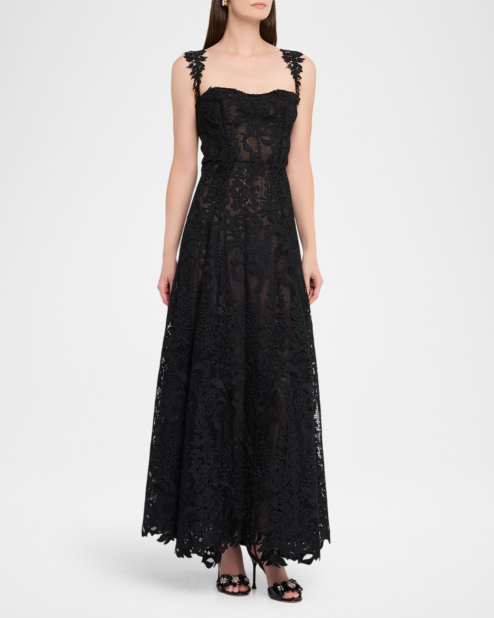 Oscar de la Renta Sleeveless Foxglove Lace Sweetheart-Neck Gown
