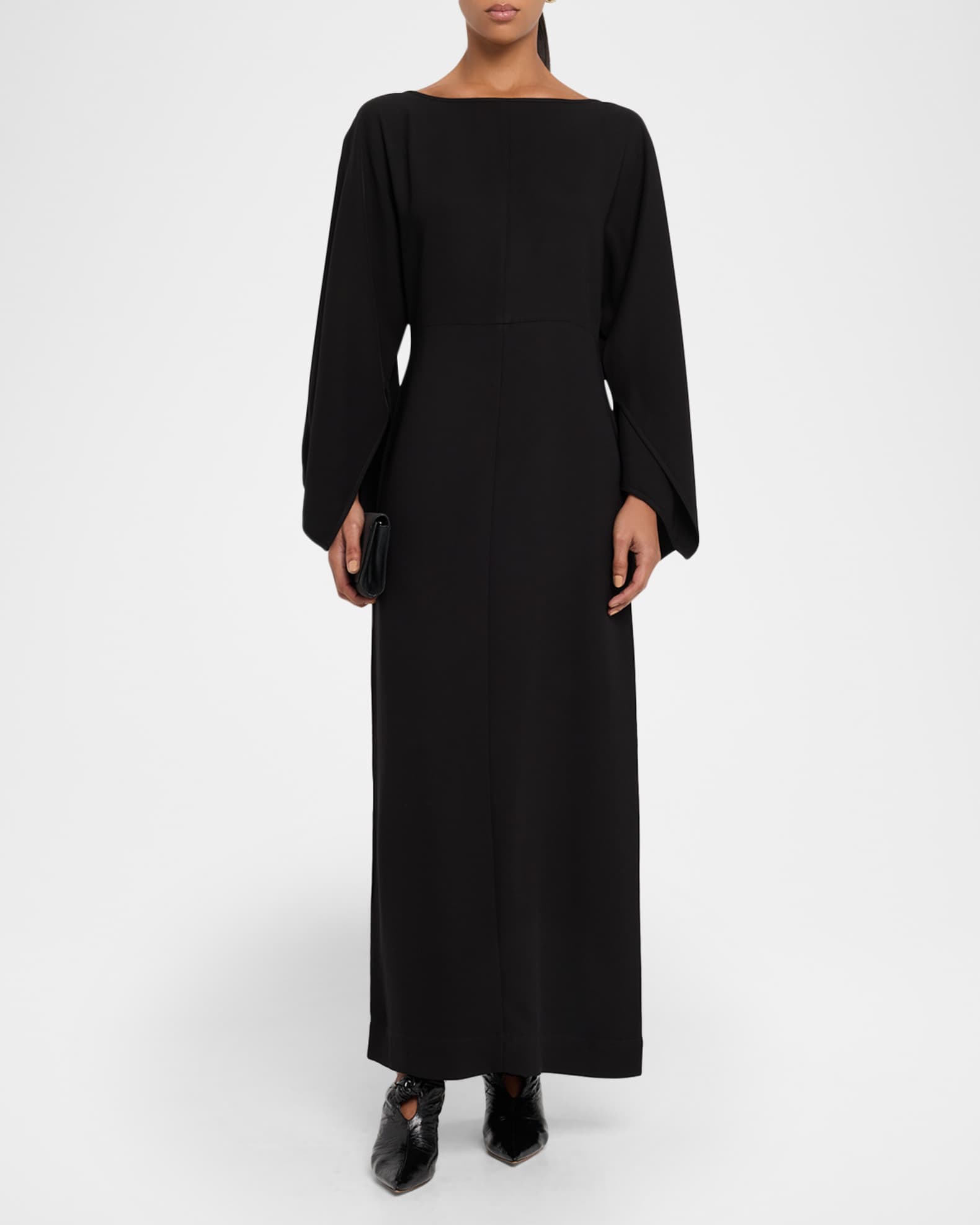 raglan sleeve tie front flare satin dress Ice Silk Crinkle Round Neck A-Line Work Dress with Decorative Button & Built-in Belt(MA308) Smoky gray / M main image 1