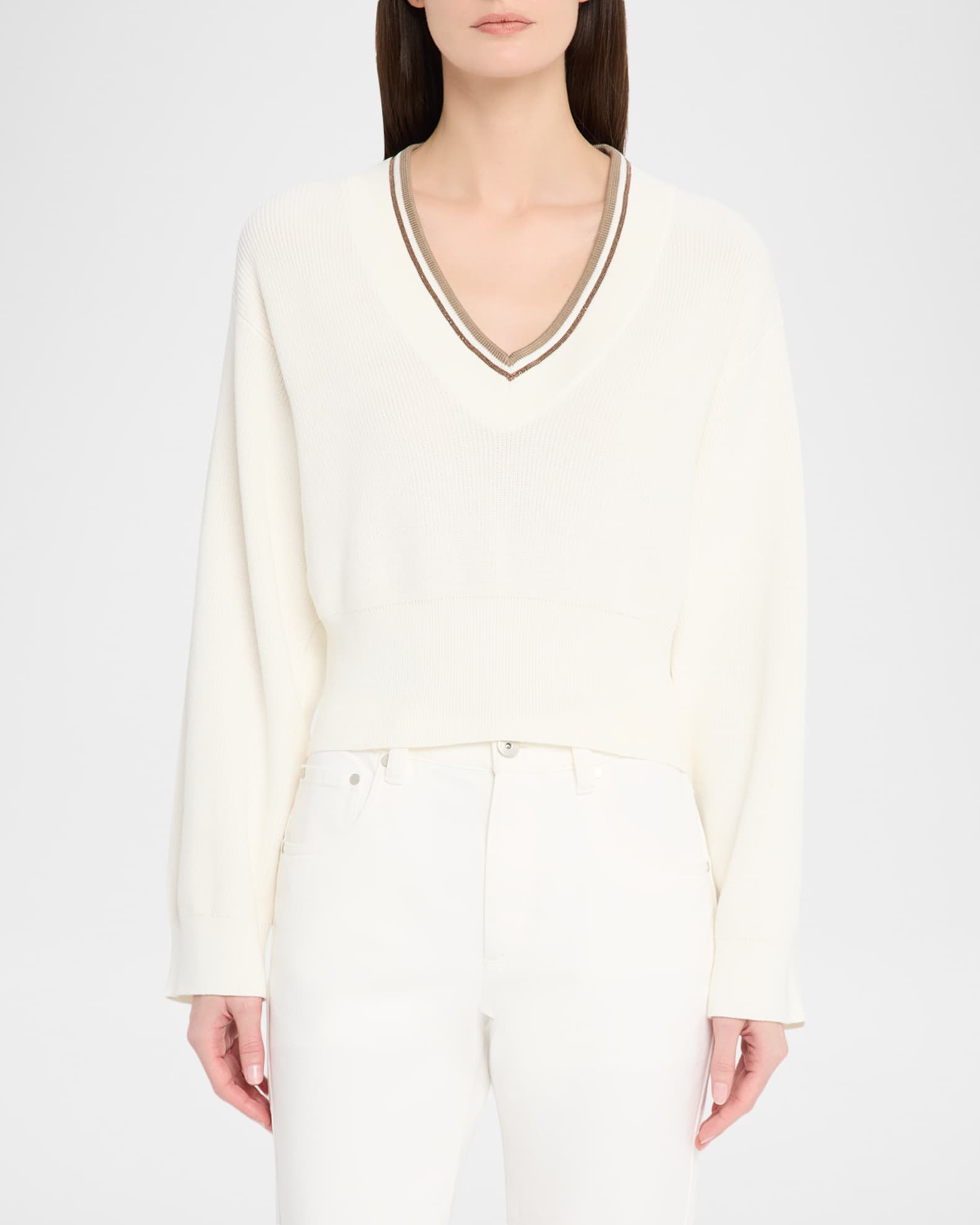 BRUNELLO CUCINELLI Vネック ワンピース M Brunello Cucinelli Cotton English Rib V-Neck Sweater | Neiman Marcus
