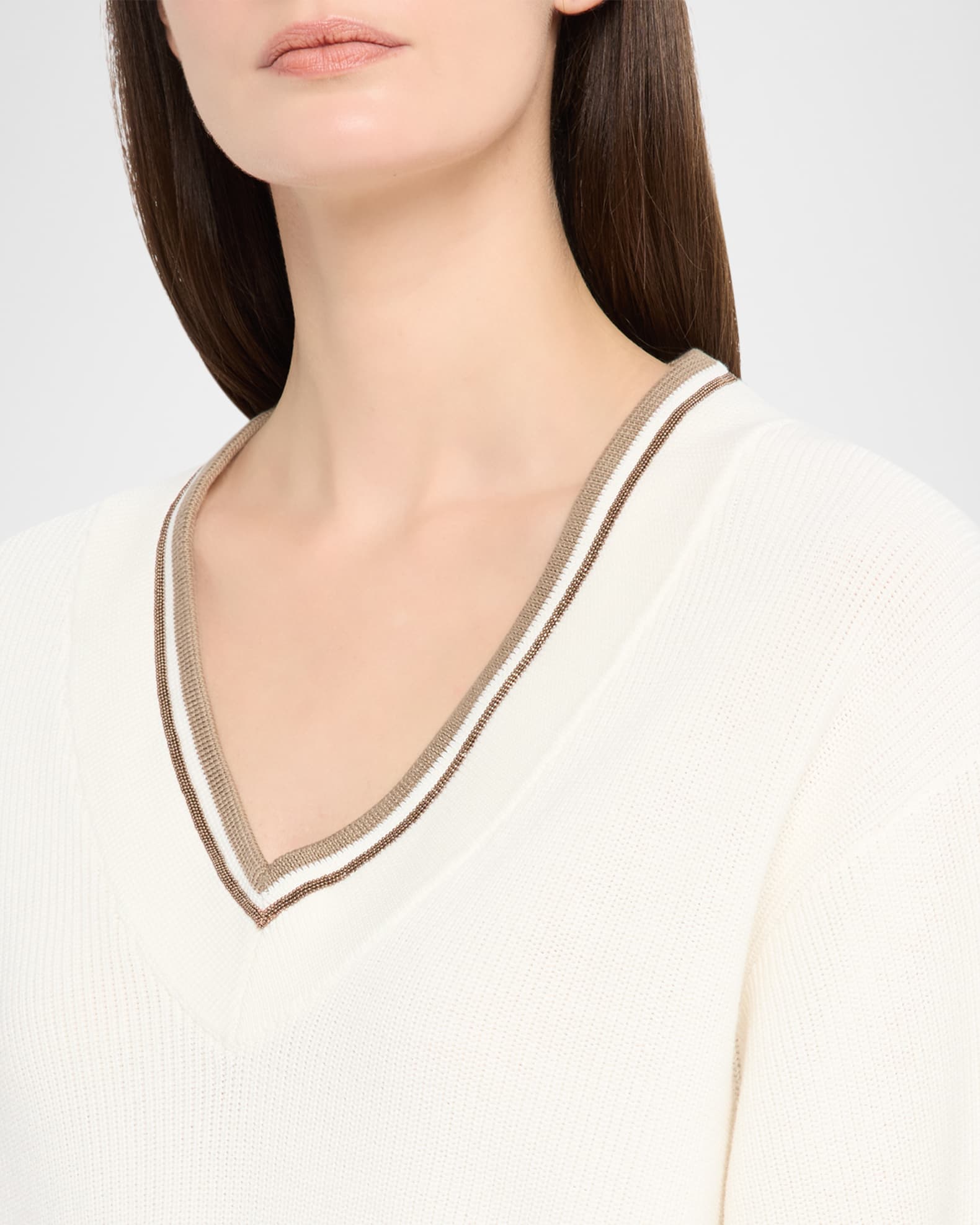 BRUNELLO CUCINELLI Vネック ワンピース M Brunello Cucinelli Cotton English Rib V-Neck Sweater | Neiman Marcus