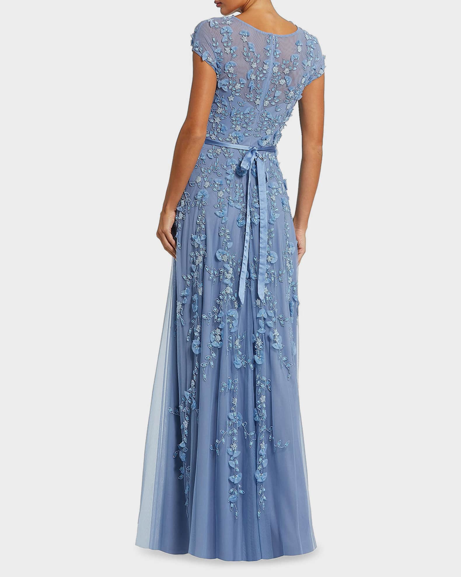 Mac Duggal Women's Floral Embellished Short Sleeve Mesh Gown - Blue - Size 10 - Sky Blue