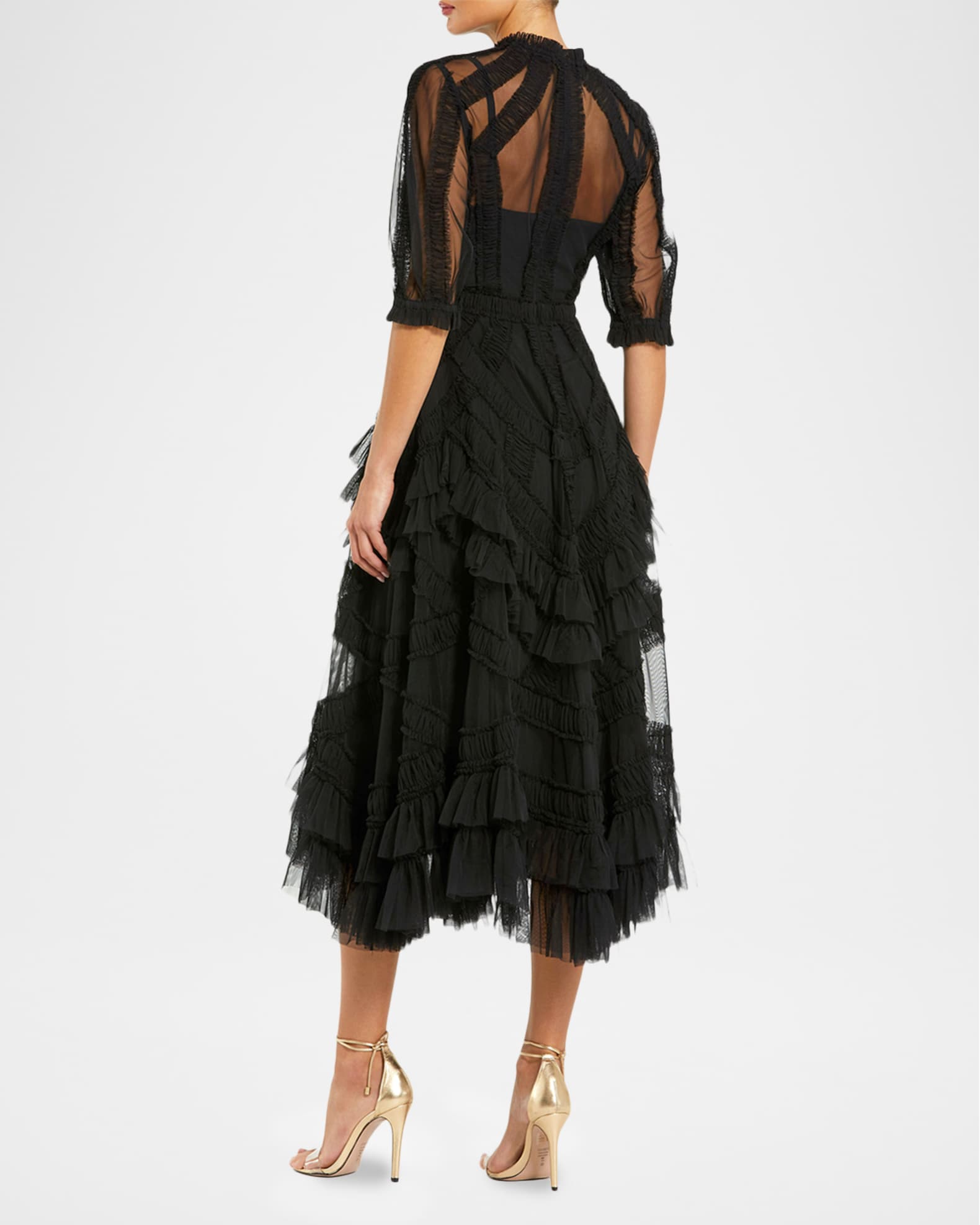 Mac Duggal High-Neck Gathered Tulle Midi-Dress