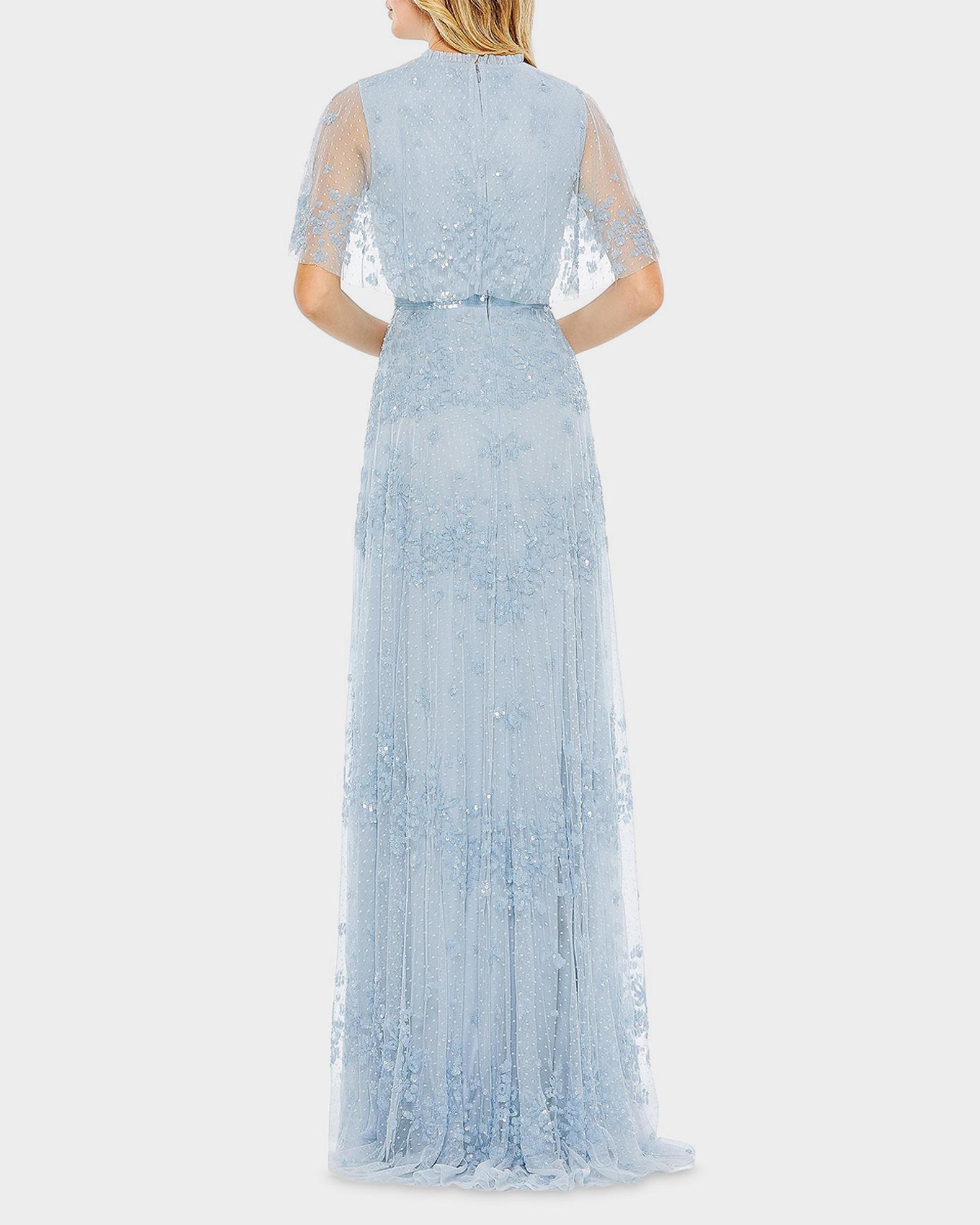 mac duggal embellished flutter sleeve bow waist a line dress Women's Sequined High Neck Gown - Blue - Size 16 Winter collection:limited-quantity The floor Size:5X-LARGE