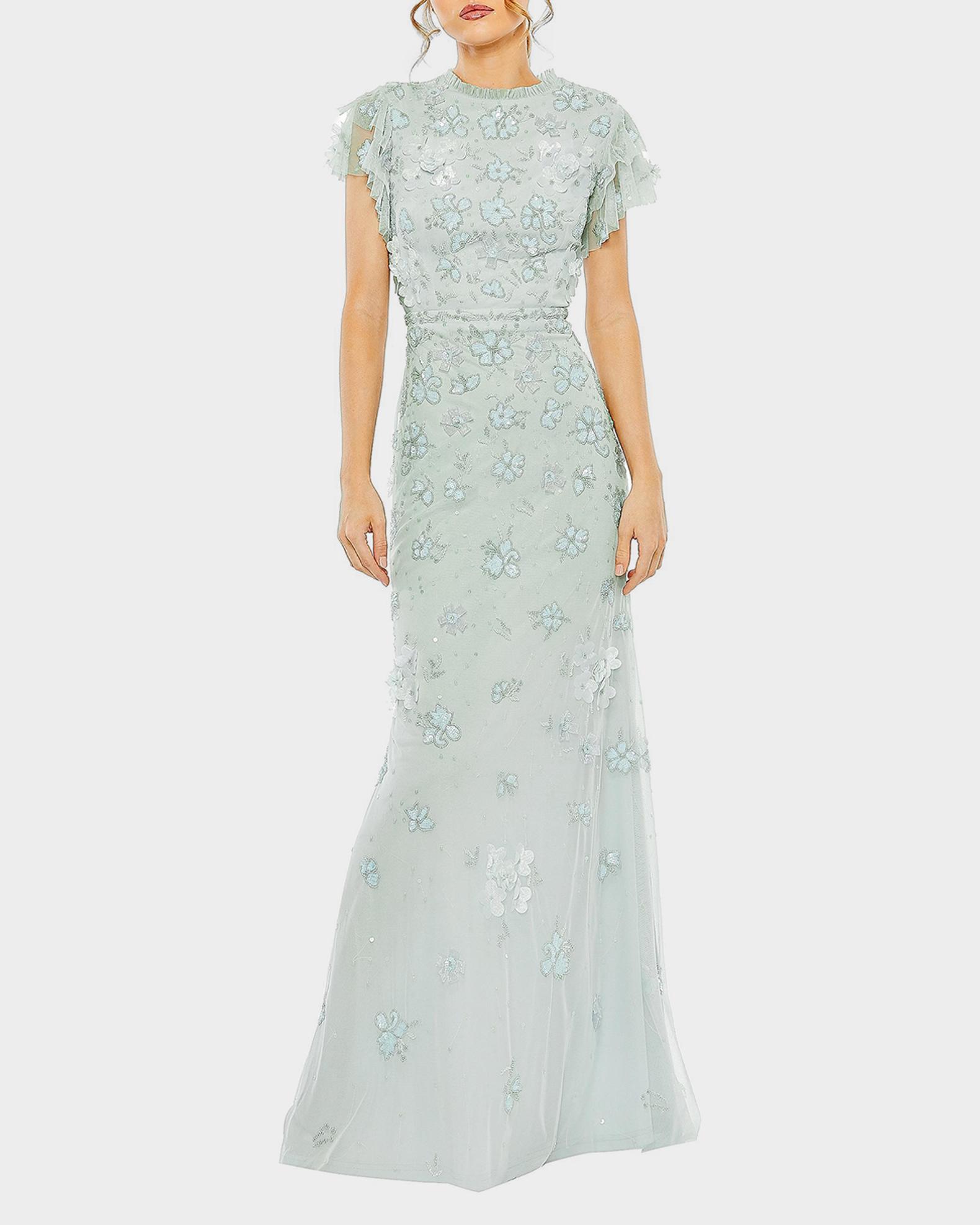 Mac Duggal - Butter Floral Embellished High Neck Flutter Sleeve Gown