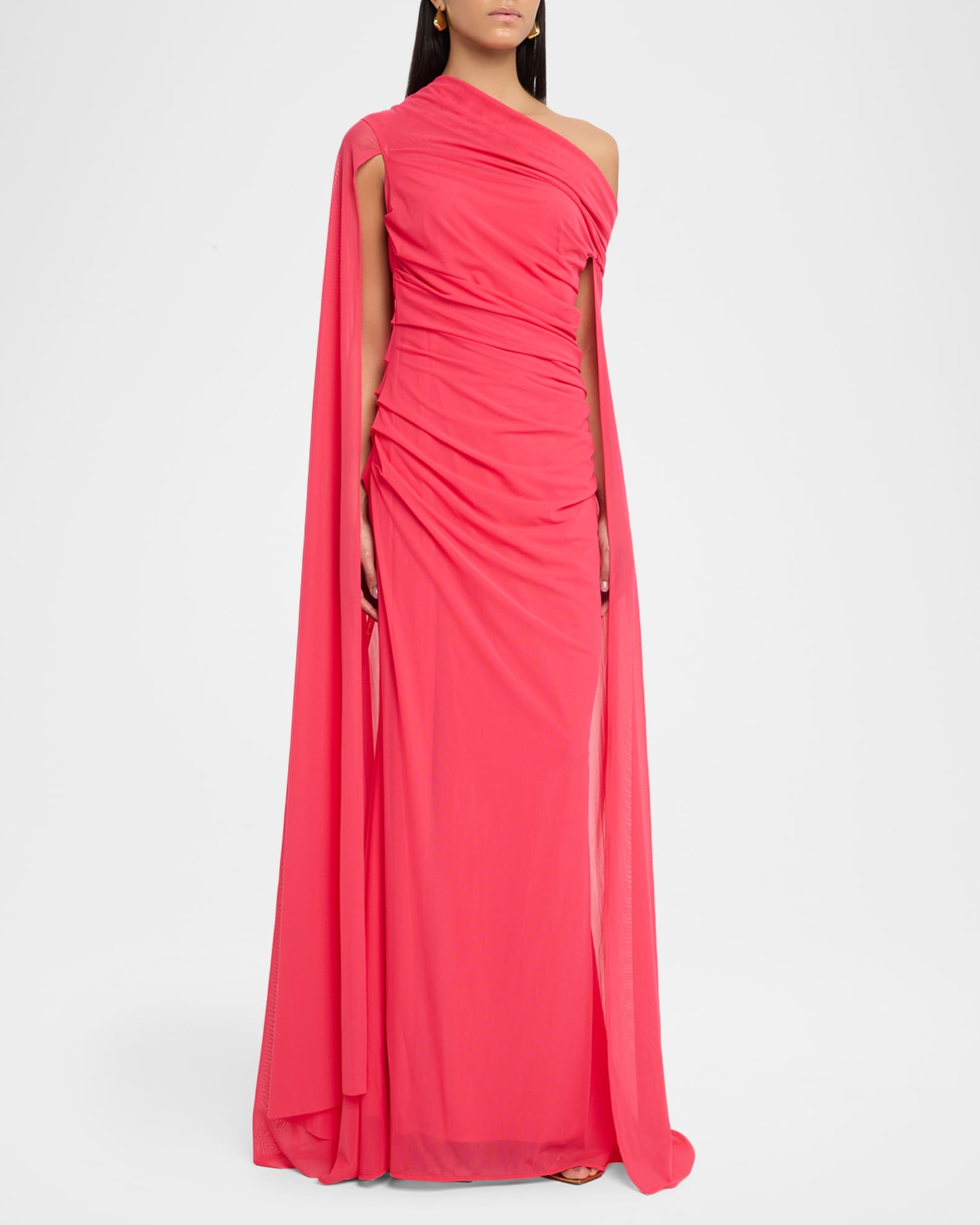 Talbot Runhof Ruched Off-The-Shoulder Mesh Cape Gown, Blue, Women's, 6, Evening Formal Gala Gowns Mother of The Bride Groom Off-The-Shoulder Gowns