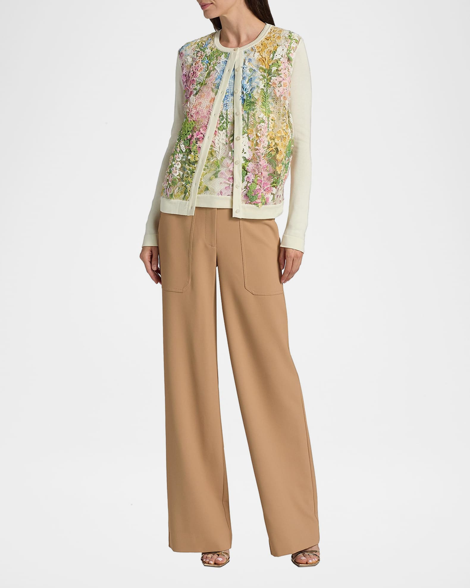 Oscar de la Renta Printed Foxgloves Lace Insert Cardigan | Neiman
