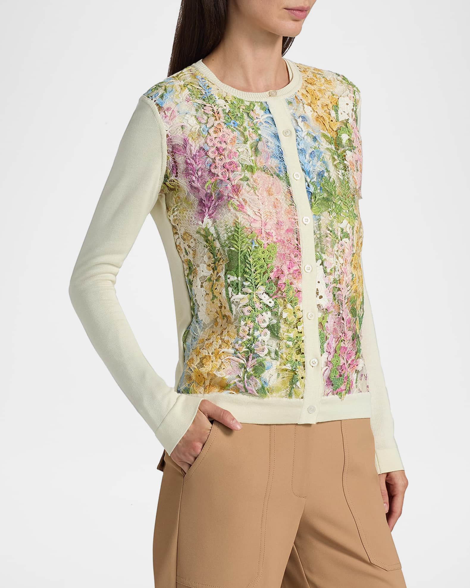 Oscar de la Renta Printed Foxgloves Lace Insert Cardigan | Neiman